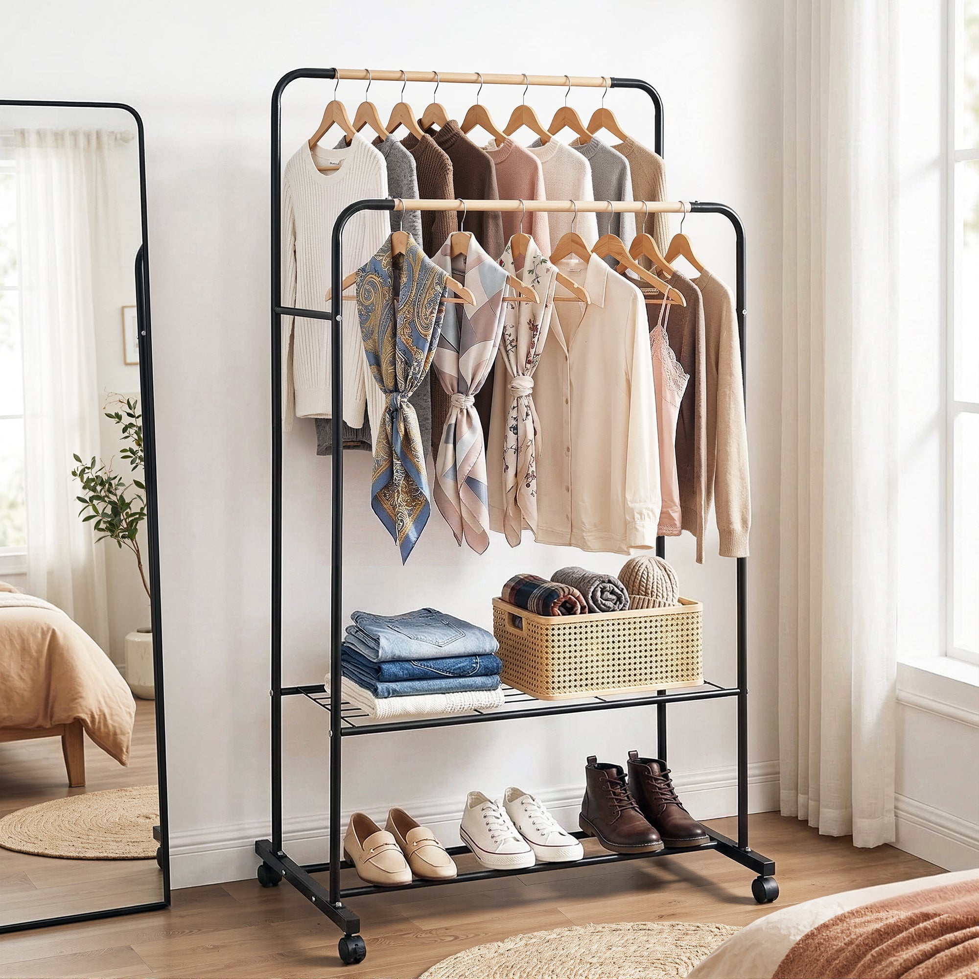 Clothes Rack Double Rod Airer Rail Coat Stand Hanger Storage Shelf - Furniture > Living Room > Coat Racks - Rivercity House & Home Co. (ABN 18 642 972 209) - Affordable Modern Furniture Australia