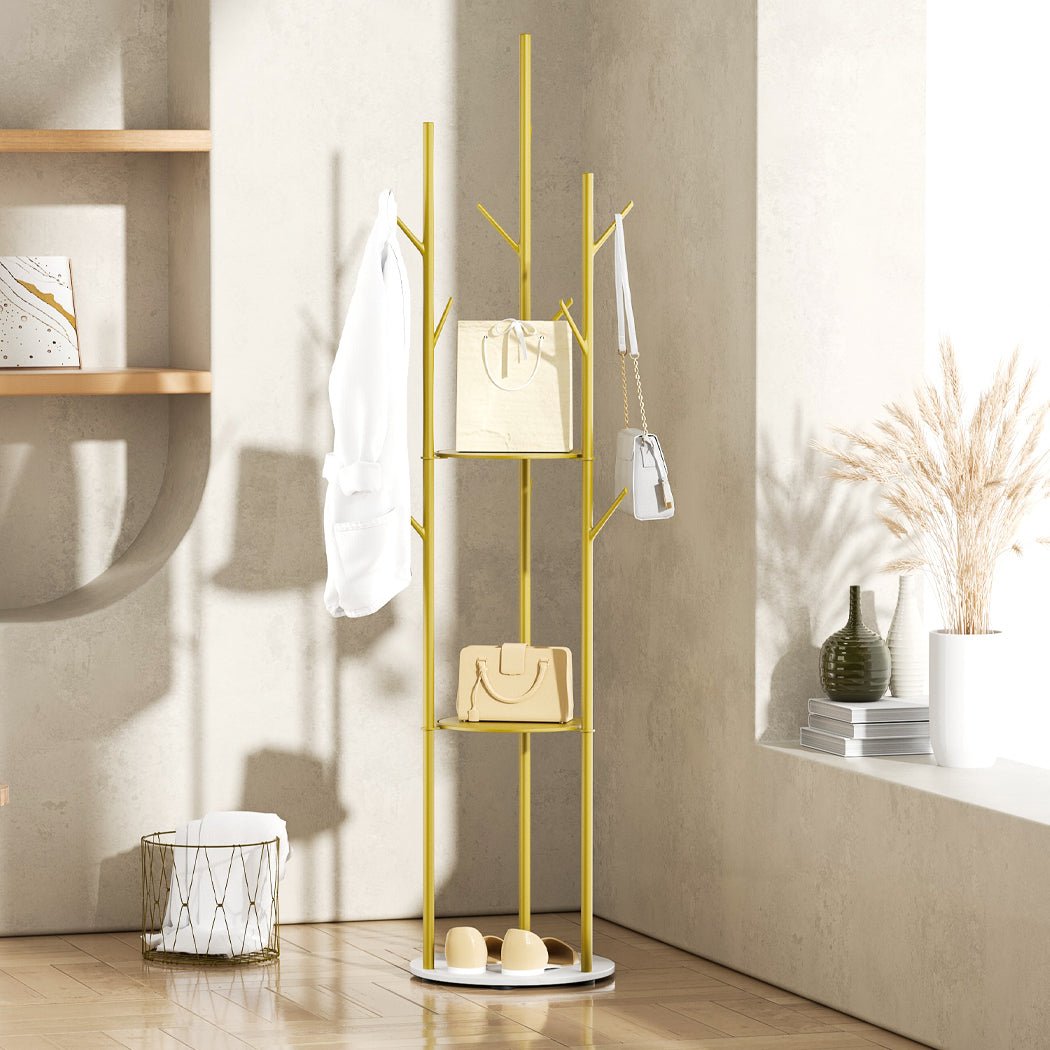 Coat Rack Clothes Stand 9 Hook Organizer with Shelves - Gold - Rivercity House & Home Co. (ABN 18 642 972 209) - Affordable Modern Furniture Australia