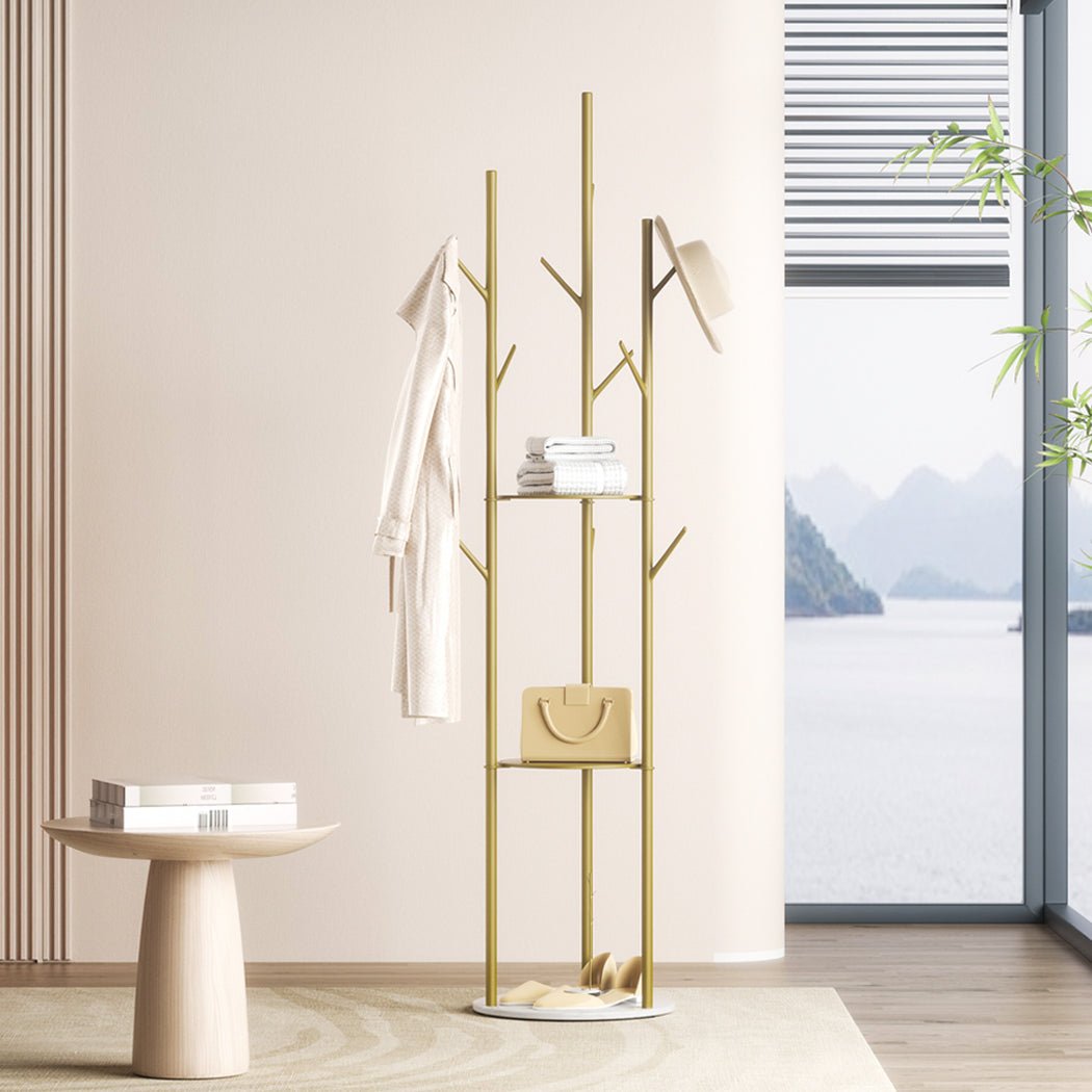 Coat Rack Clothes Stand 9 Hook Organizer with Shelves - Gold - Rivercity House & Home Co. (ABN 18 642 972 209) - Affordable Modern Furniture Australia