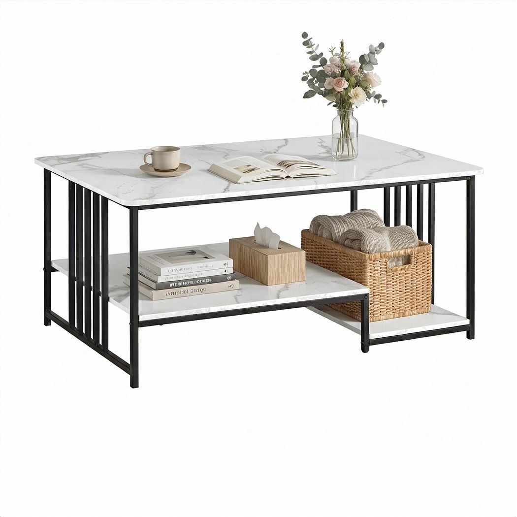 Coffee Table 100cm with 2-Tier Storage and Faux Marble Finish - White & Black - Furniture > Living Room > Coffee Tables - Rivercity House & Home Co. (ABN 18 642 972 209) - Affordable Modern Furniture Australia