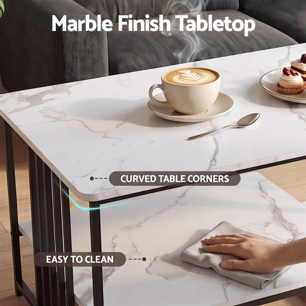 Coffee Table 100cm with 2-Tier Storage and Faux Marble Finish - White & Black - Furniture > Living Room > Coffee Tables - Rivercity House & Home Co. (ABN 18 642 972 209) - Affordable Modern Furniture Australia