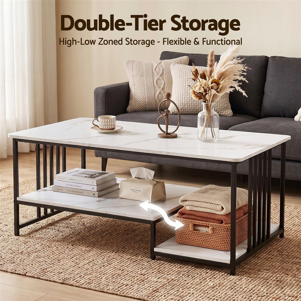 Coffee Table 100cm with 2-Tier Storage and Faux Marble Finish - White & Black - Furniture > Living Room > Coffee Tables - Rivercity House & Home Co. (ABN 18 642 972 209) - Affordable Modern Furniture Australia