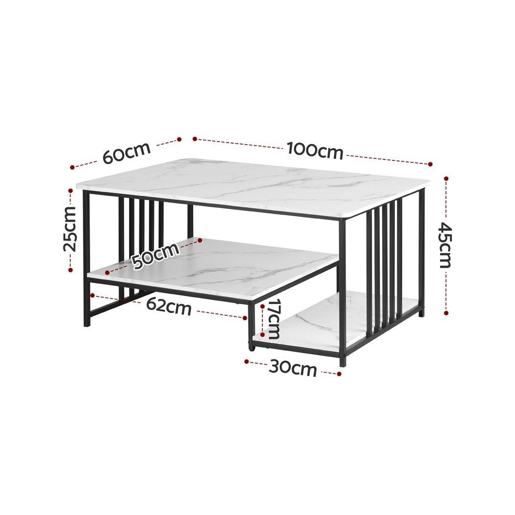 Coffee Table 100cm with 2-Tier Storage and Faux Marble Finish - White & Black - Furniture > Living Room > Coffee Tables - Rivercity House & Home Co. (ABN 18 642 972 209) - Affordable Modern Furniture Australia