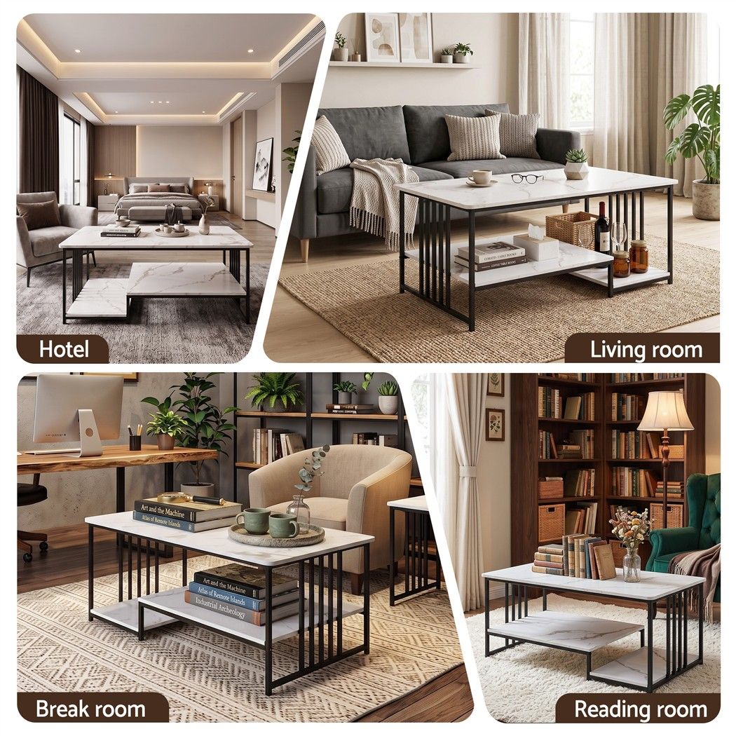 Coffee Table 100cm with 2-Tier Storage and Faux Marble Finish - White & Black - Furniture > Living Room > Coffee Tables - Rivercity House & Home Co. (ABN 18 642 972 209) - Affordable Modern Furniture Australia