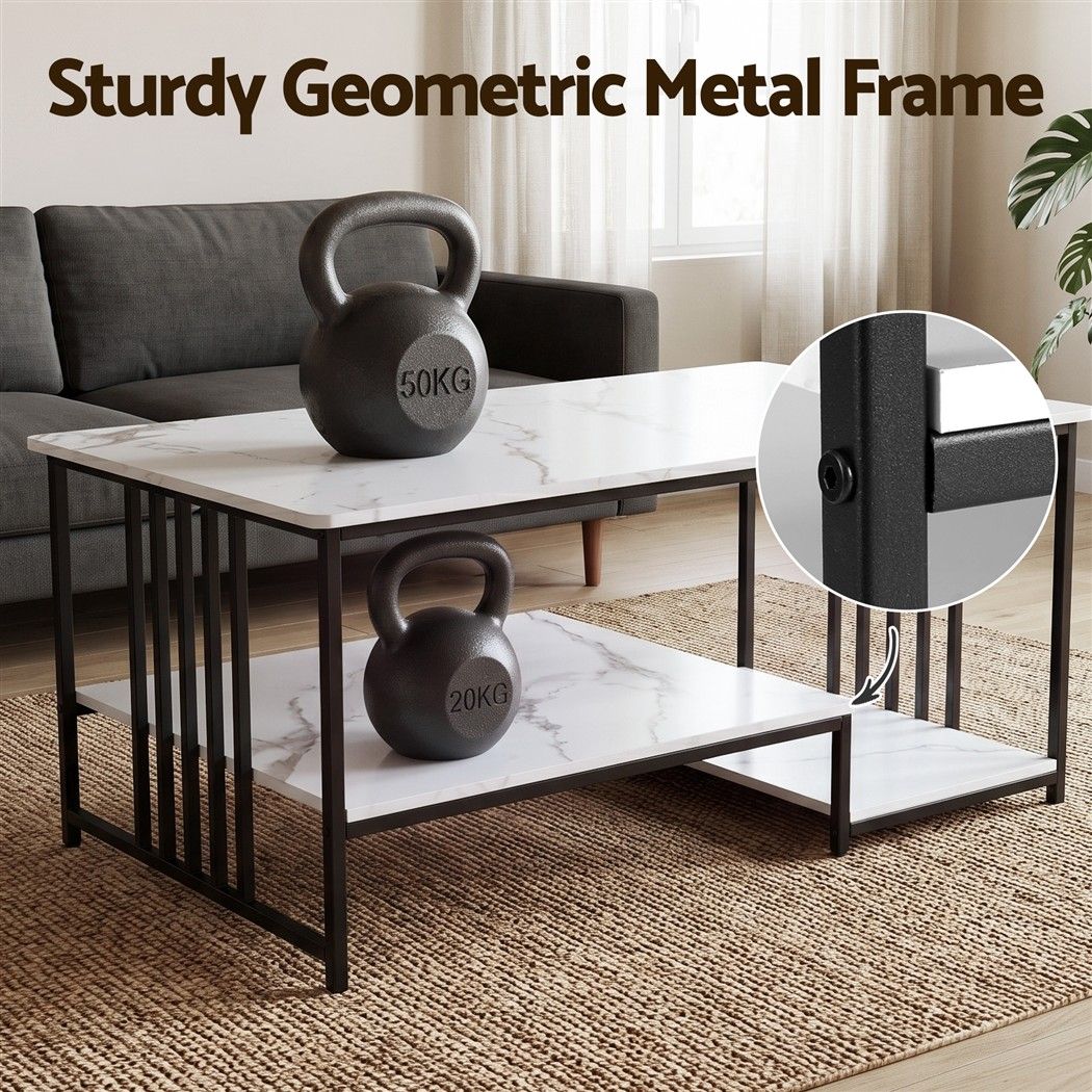 Coffee Table 100cm with 2-Tier Storage and Faux Marble Finish - White & Black - Furniture > Living Room > Coffee Tables - Rivercity House & Home Co. (ABN 18 642 972 209) - Affordable Modern Furniture Australia