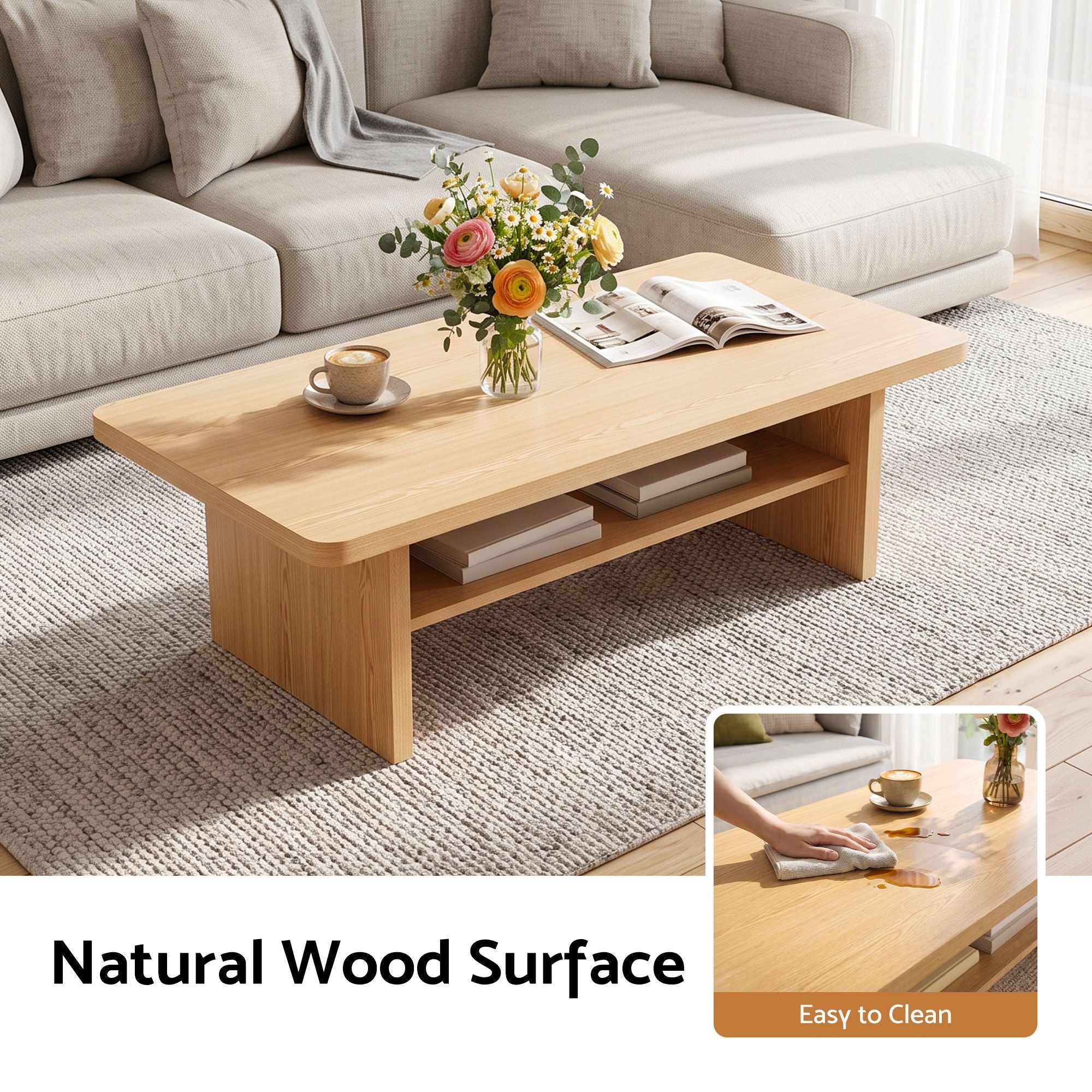 Coffee Table 110cm Center Table with 2-Tier Open Storage Shelf - Pine - Furniture > Living Room > Coffee Tables - Rivercity House & Home Co. (ABN 18 642 972 209) - Affordable Modern Furniture Australia