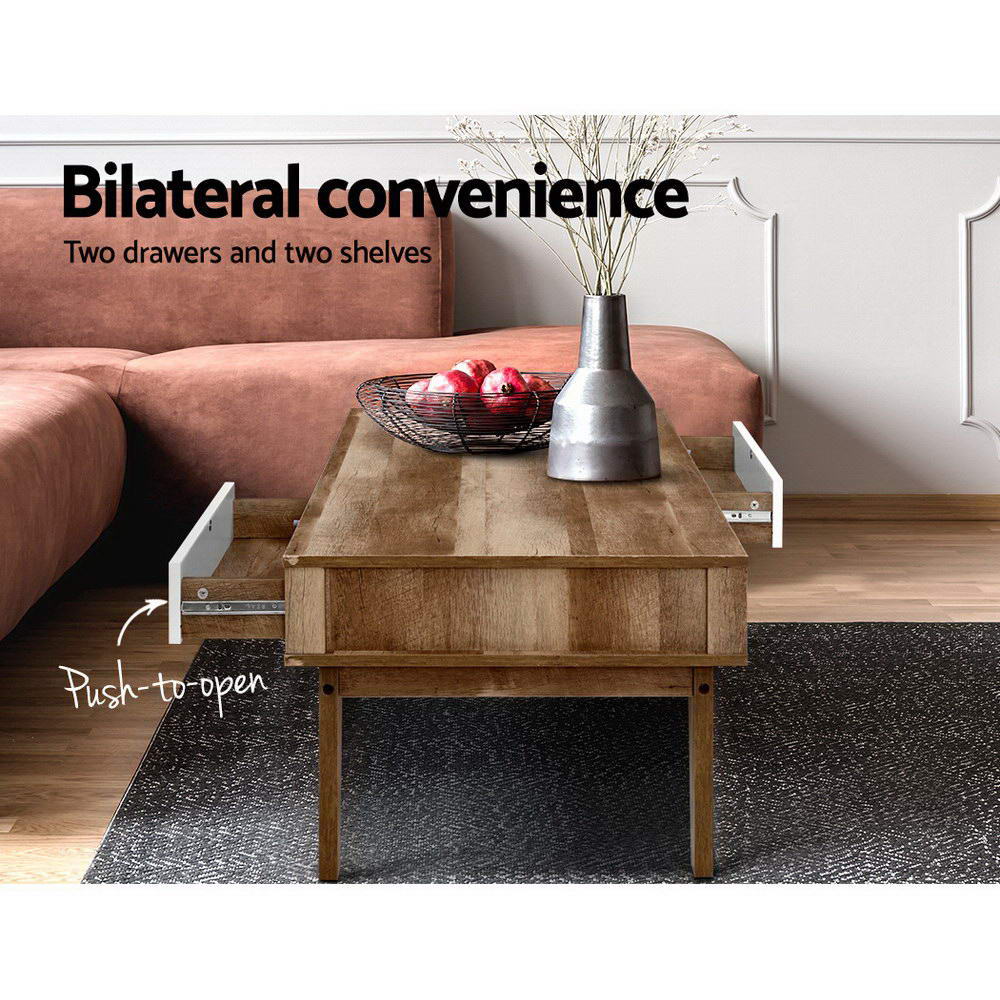 Coffee Table 2 Storage Drawers Open Shelf Scandinavian Wooden White - Rivercity House & Home Co. (ABN 18 642 972 209) - Affordable Modern Furniture Australia