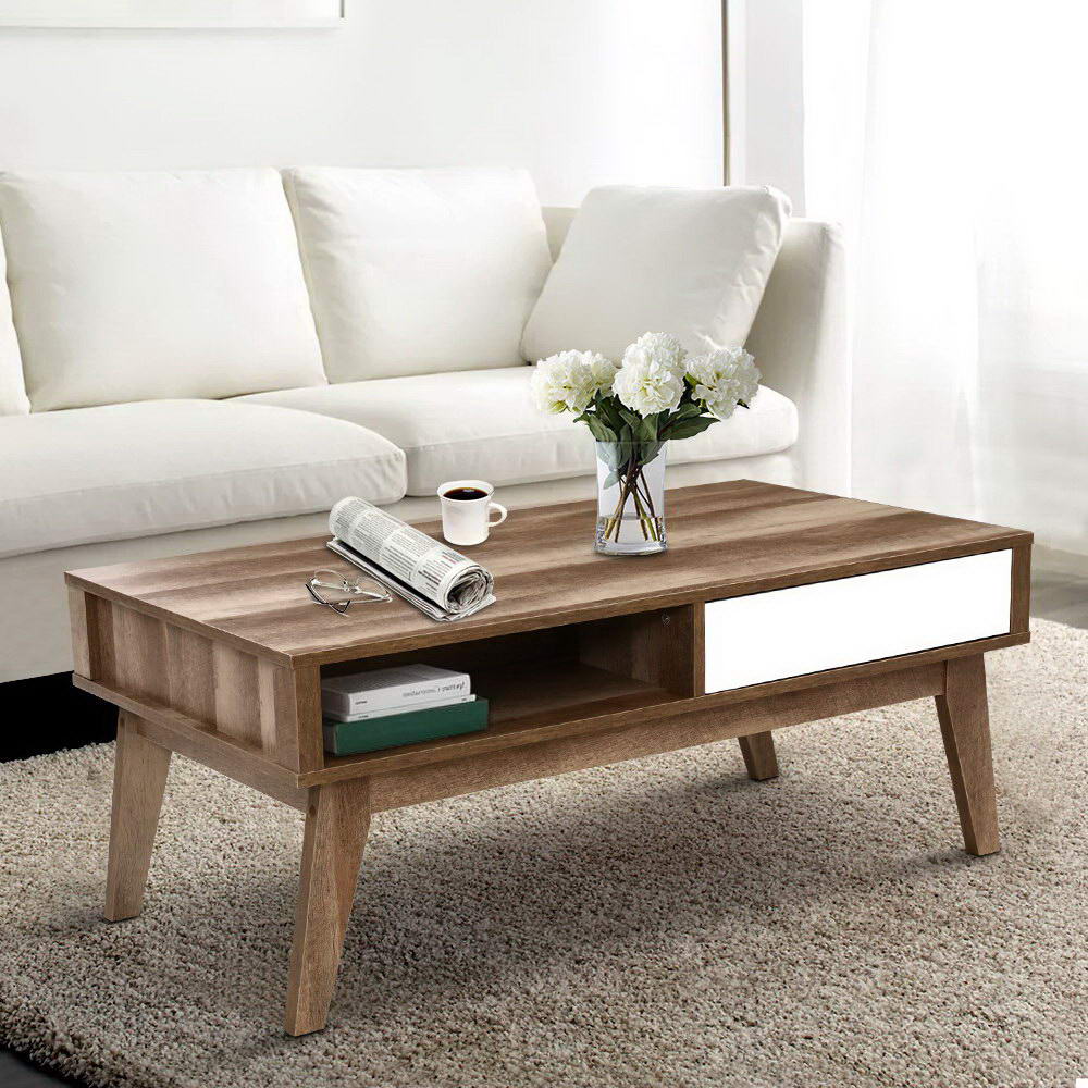 Coffee Table 2 Storage Drawers Open Shelf Scandinavian Wooden White - Rivercity House & Home Co. (ABN 18 642 972 209) - Affordable Modern Furniture Australia
