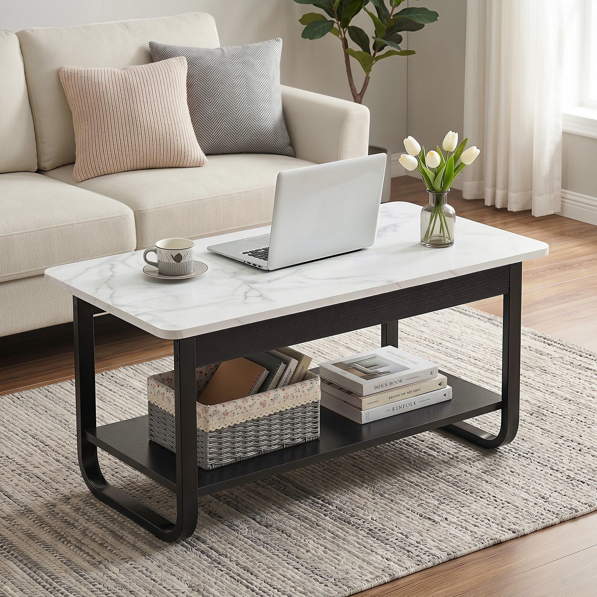 Coffee Table 2 - Tier 80CM Marble Finish Shelf Black&White - Furniture > Living Room > Coffee Tables - Rivercity House & Home Co. (ABN 18 642 972 209) - Affordable Modern Furniture Australia