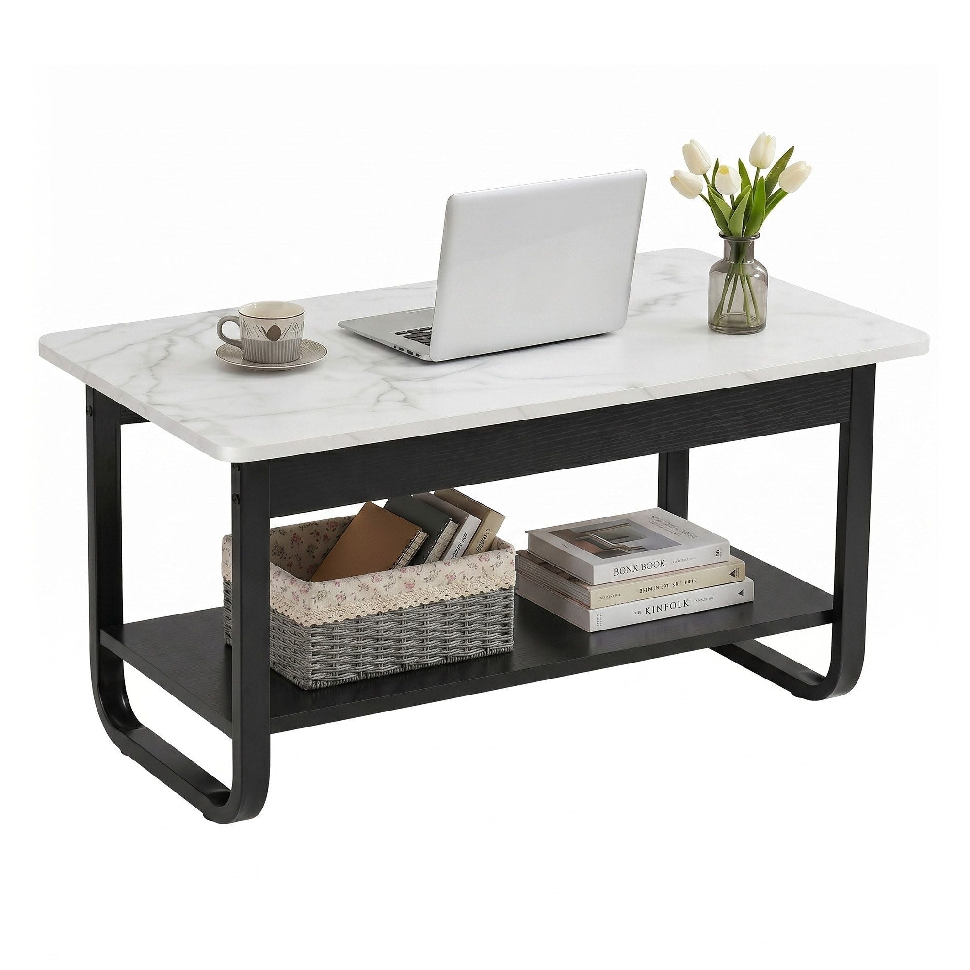 Coffee Table 2 - Tier 80CM Marble Finish Shelf Black&White - Furniture > Living Room > Coffee Tables - Rivercity House & Home Co. (ABN 18 642 972 209) - Affordable Modern Furniture Australia