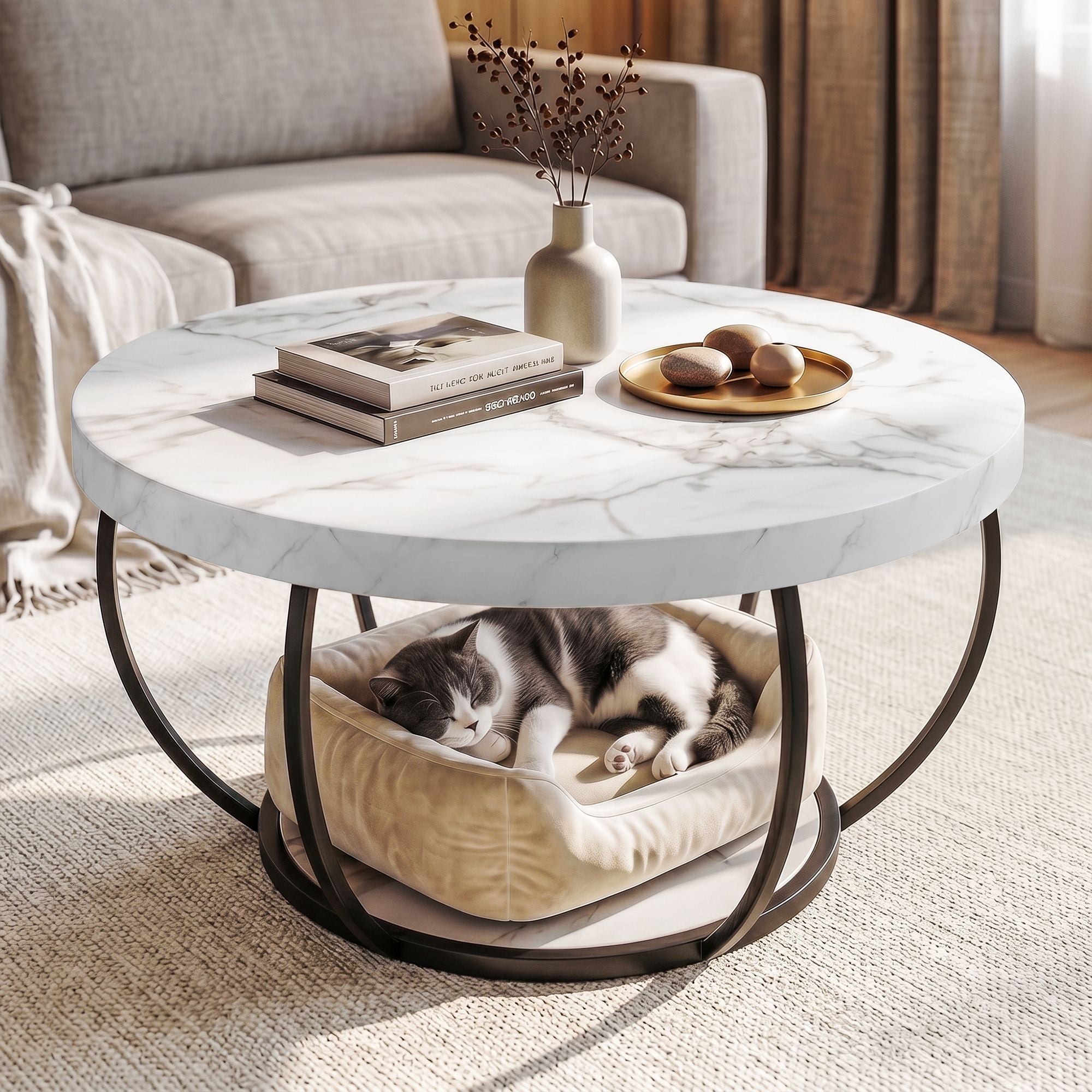 Coffee Table 2 - Tier Marble Finish Round White&Black - Furniture > Living Room > Coffee Tables - Rivercity House & Home Co. (ABN 18 642 972 209) - Affordable Modern Furniture Australia
