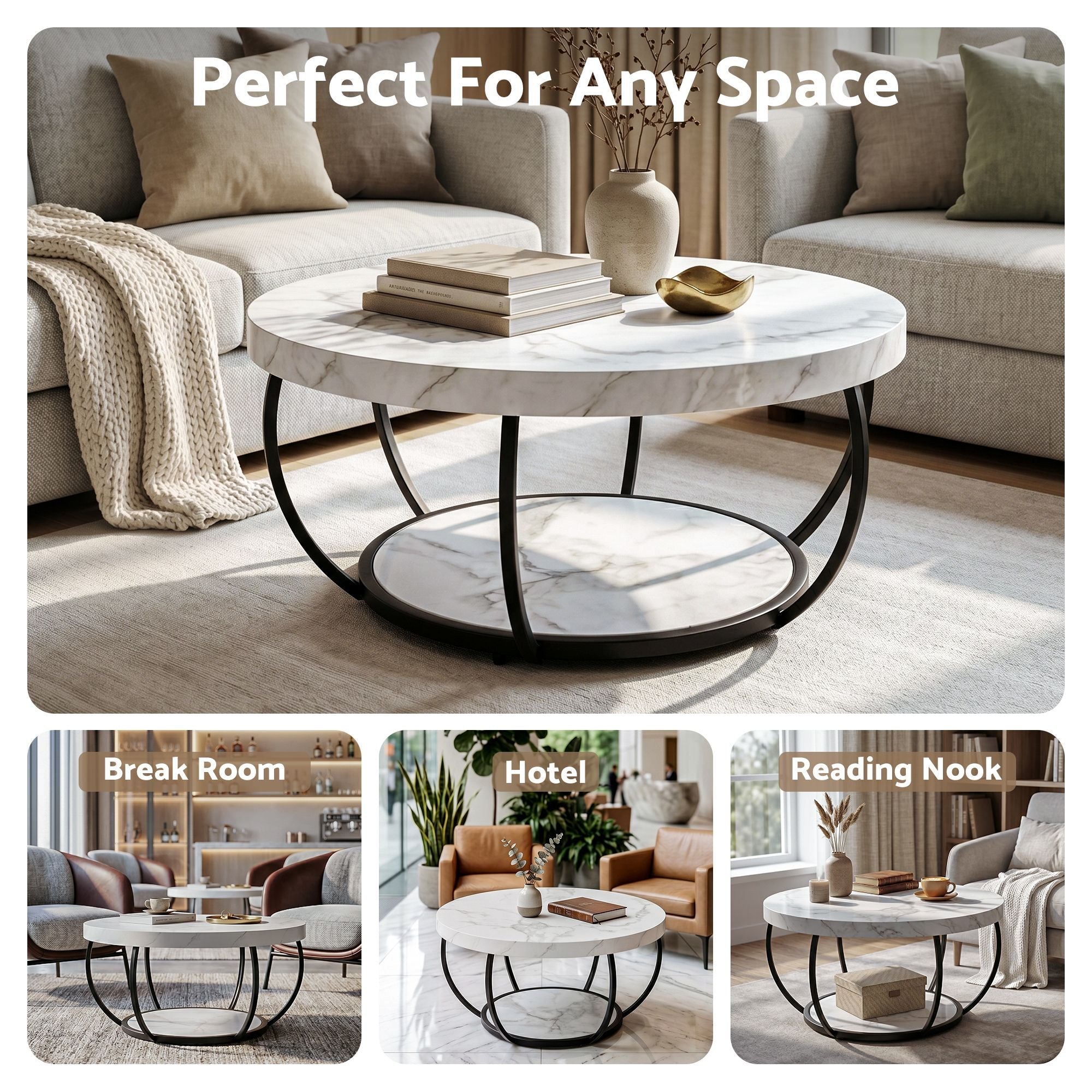 Coffee Table 2 - Tier Marble Finish Round White&Black - Furniture > Living Room > Coffee Tables - Rivercity House & Home Co. (ABN 18 642 972 209) - Affordable Modern Furniture Australia
