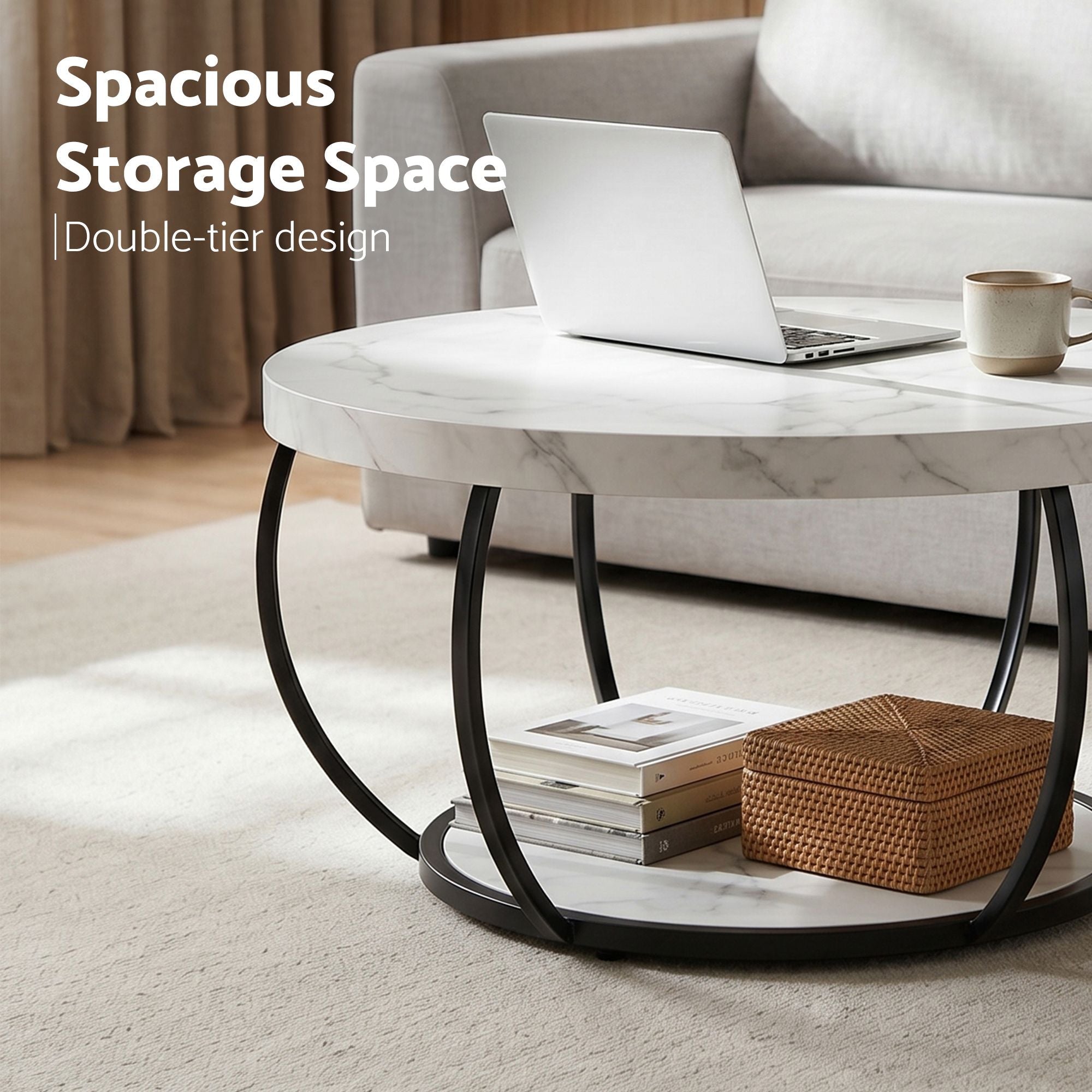 Coffee Table 2 - Tier Marble Finish Round White&Black - Furniture > Living Room > Coffee Tables - Rivercity House & Home Co. (ABN 18 642 972 209) - Affordable Modern Furniture Australia