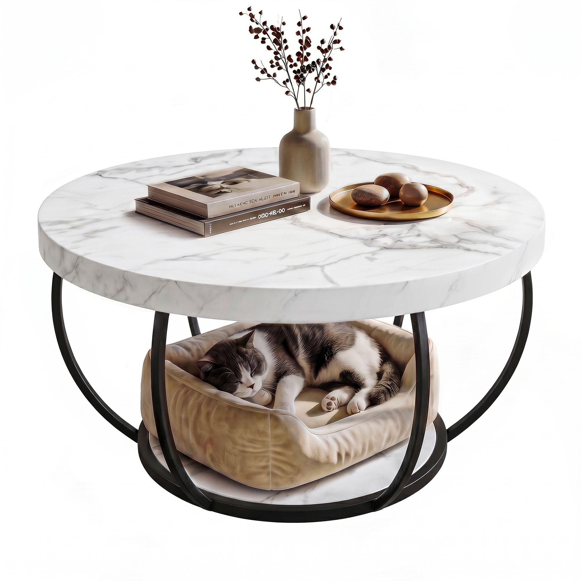 Coffee Table 2 - Tier Marble Finish Round White&Black - Furniture > Living Room > Coffee Tables - Rivercity House & Home Co. (ABN 18 642 972 209) - Affordable Modern Furniture Australia