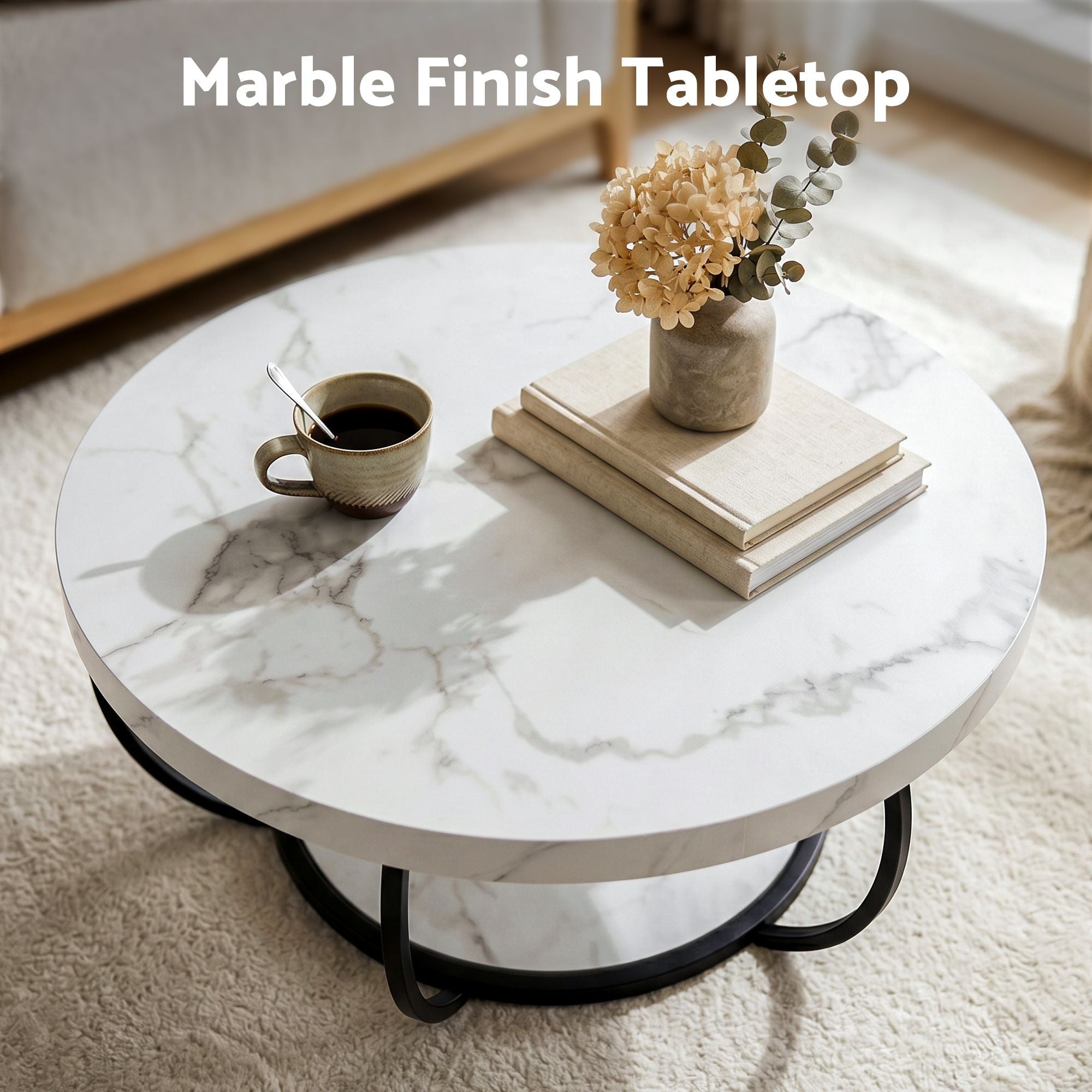 Coffee Table 2 - Tier Marble Finish Round White&Black - Furniture > Living Room > Coffee Tables - Rivercity House & Home Co. (ABN 18 642 972 209) - Affordable Modern Furniture Australia