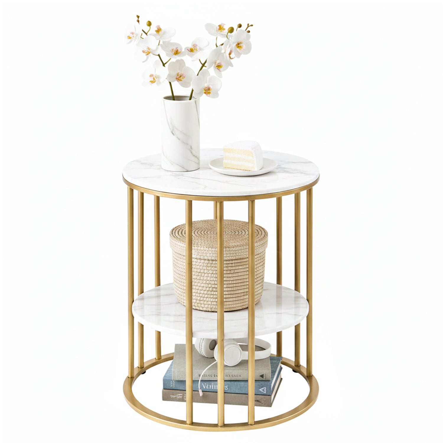 Coffee Table 2 - Tier Round Marble Effect White&Gold - Furniture > Living Room > Coffee Tables - Rivercity House & Home Co. (ABN 18 642 972 209) - Affordable Modern Furniture Australia