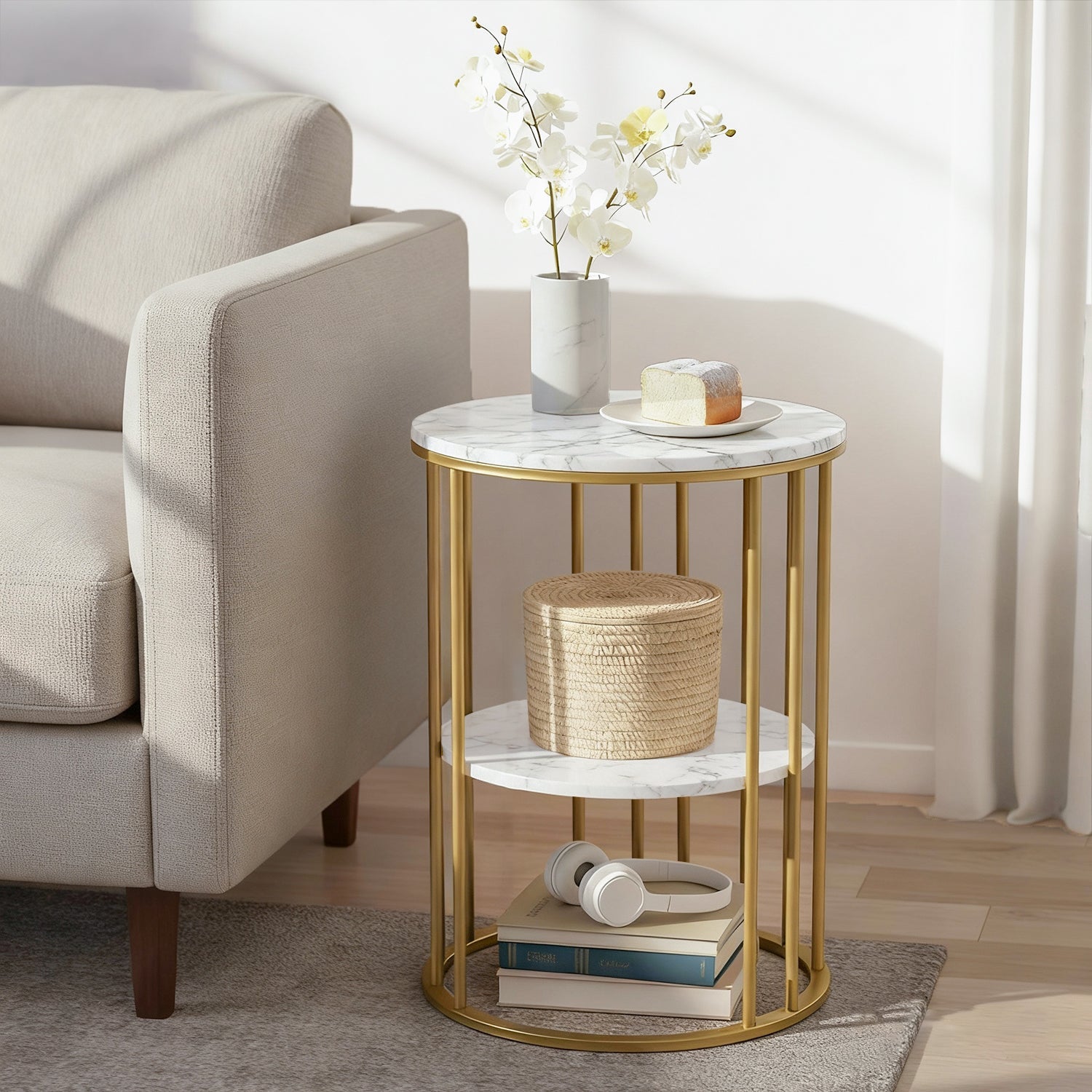 Coffee Table 2 - Tier Round Marble Effect White&Gold - Furniture > Living Room > Coffee Tables - Rivercity House & Home Co. (ABN 18 642 972 209) - Affordable Modern Furniture Australia