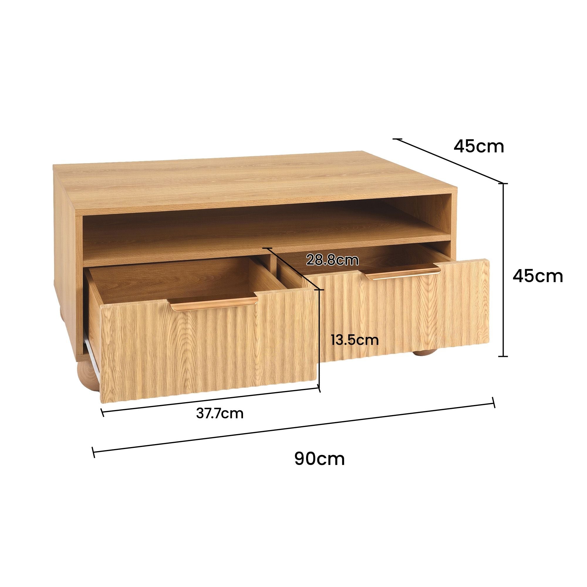 Coffee Table 90cm with Fluted Drawers, Open Shelf and Spherical Solid Legs - Pine - Furniture > Living Room > Coffee Tables - Rivercity House & Home Co. (ABN 18 642 972 209) - Affordable Modern Furniture Australia