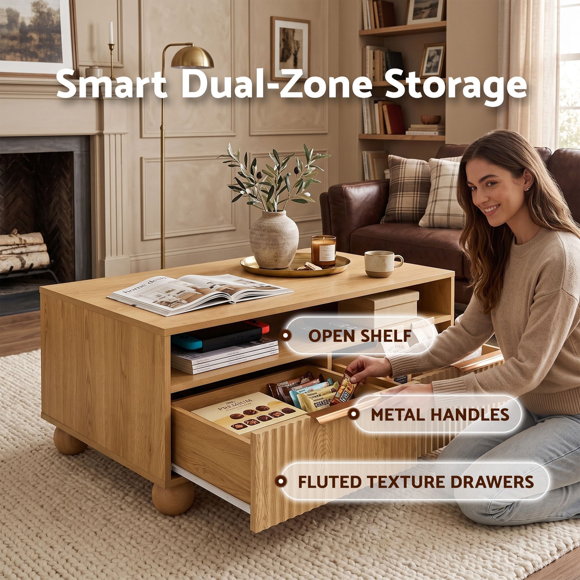 Coffee Table 90cm with Fluted Drawers, Open Shelf and Spherical Solid Legs - Pine - Furniture > Living Room > Coffee Tables - Rivercity House & Home Co. (ABN 18 642 972 209) - Affordable Modern Furniture Australia