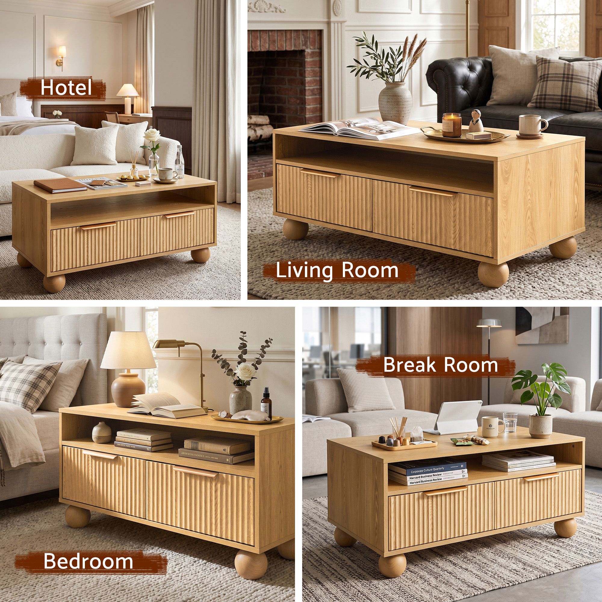 Coffee Table 90cm with Fluted Drawers, Open Shelf and Spherical Solid Legs - Pine - Furniture > Living Room > Coffee Tables - Rivercity House & Home Co. (ABN 18 642 972 209) - Affordable Modern Furniture Australia