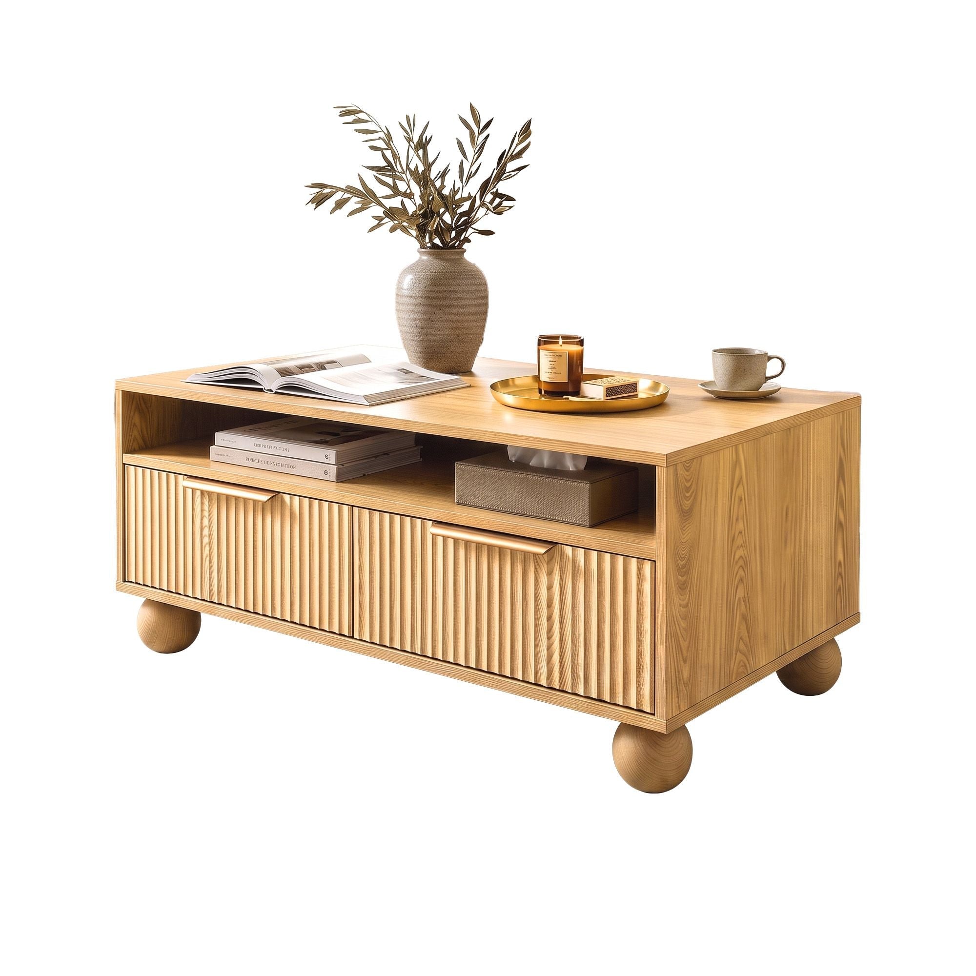 Coffee Table 90cm with Fluted Drawers, Open Shelf and Spherical Solid Legs - Pine - Furniture > Living Room > Coffee Tables - Rivercity House & Home Co. (ABN 18 642 972 209) - Affordable Modern Furniture Australia