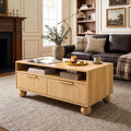 Coffee Table 90cm with Fluted Drawers, Open Shelf and Spherical Solid Legs - Pine