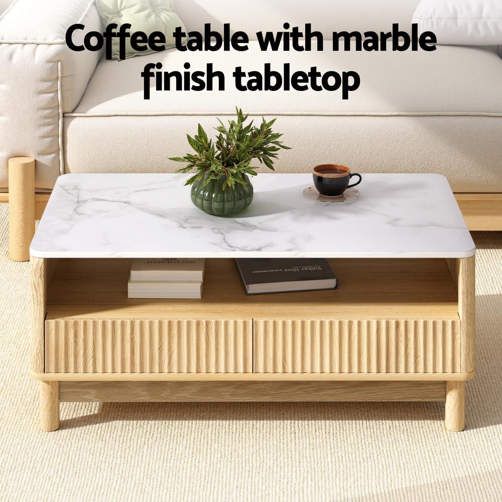 Coffee Table Drawer Shelf Marble Effect Wood&White - Furniture > Living Room > Coffee Tables - Rivercity House & Home Co. (ABN 18 642 972 209) - Affordable Modern Furniture Australia