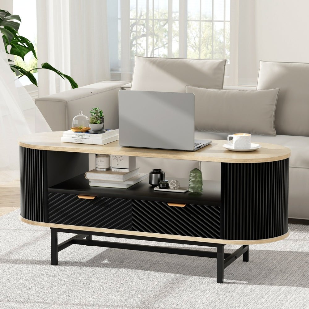 Coffee Table Drawer Shelf Wood&Black - Furniture > Living Room > Coffee Tables - Rivercity House & Home Co. (ABN 18 642 972 209) - Affordable Modern Furniture Australia