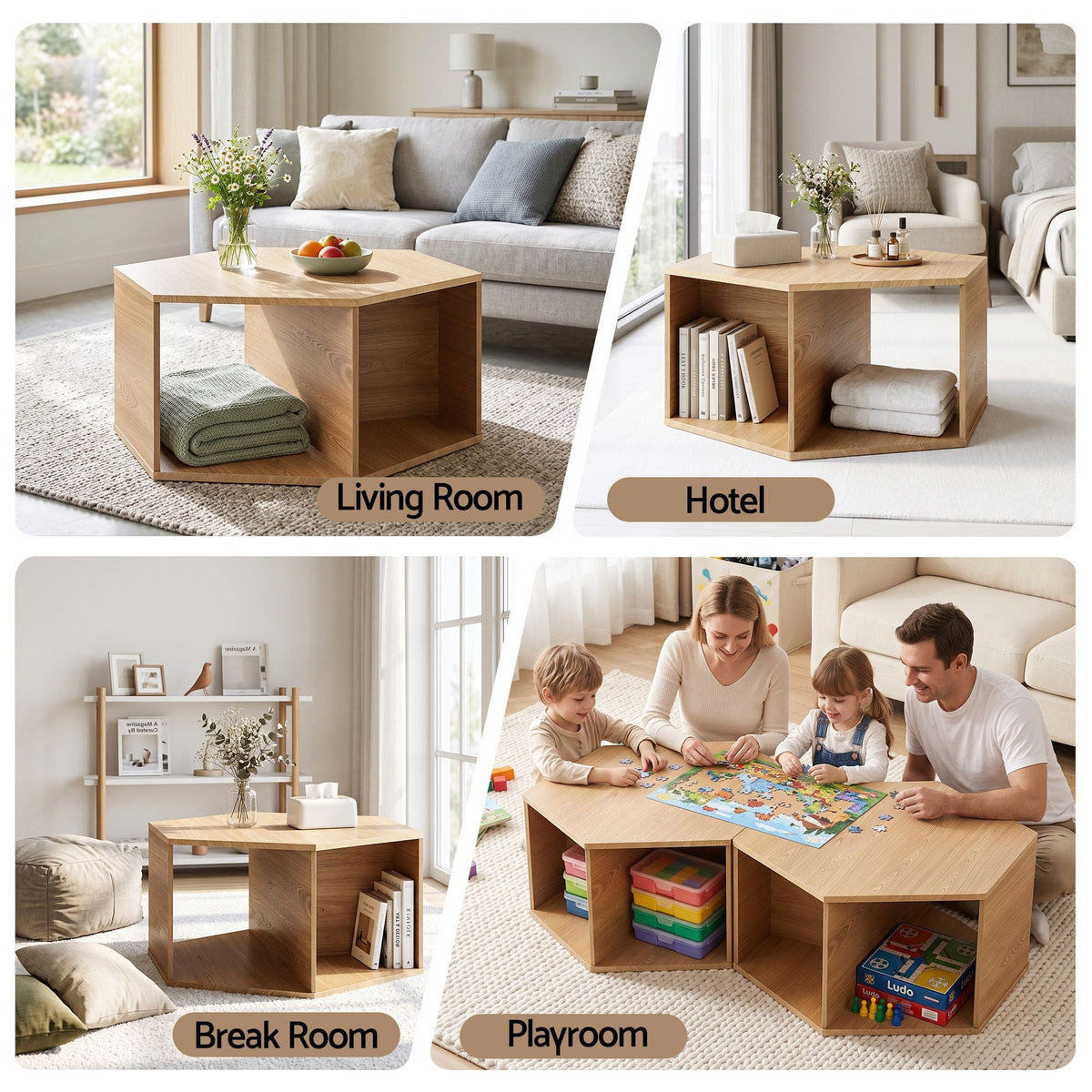 Coffee Table Hexagonal Center Table with Open Storage 2-Way Display Side Table Wood - Furniture > Living Room > Coffee Tables - Rivercity House & Home Co. (ABN 18 642 972 209) - Affordable Modern Furniture Australia