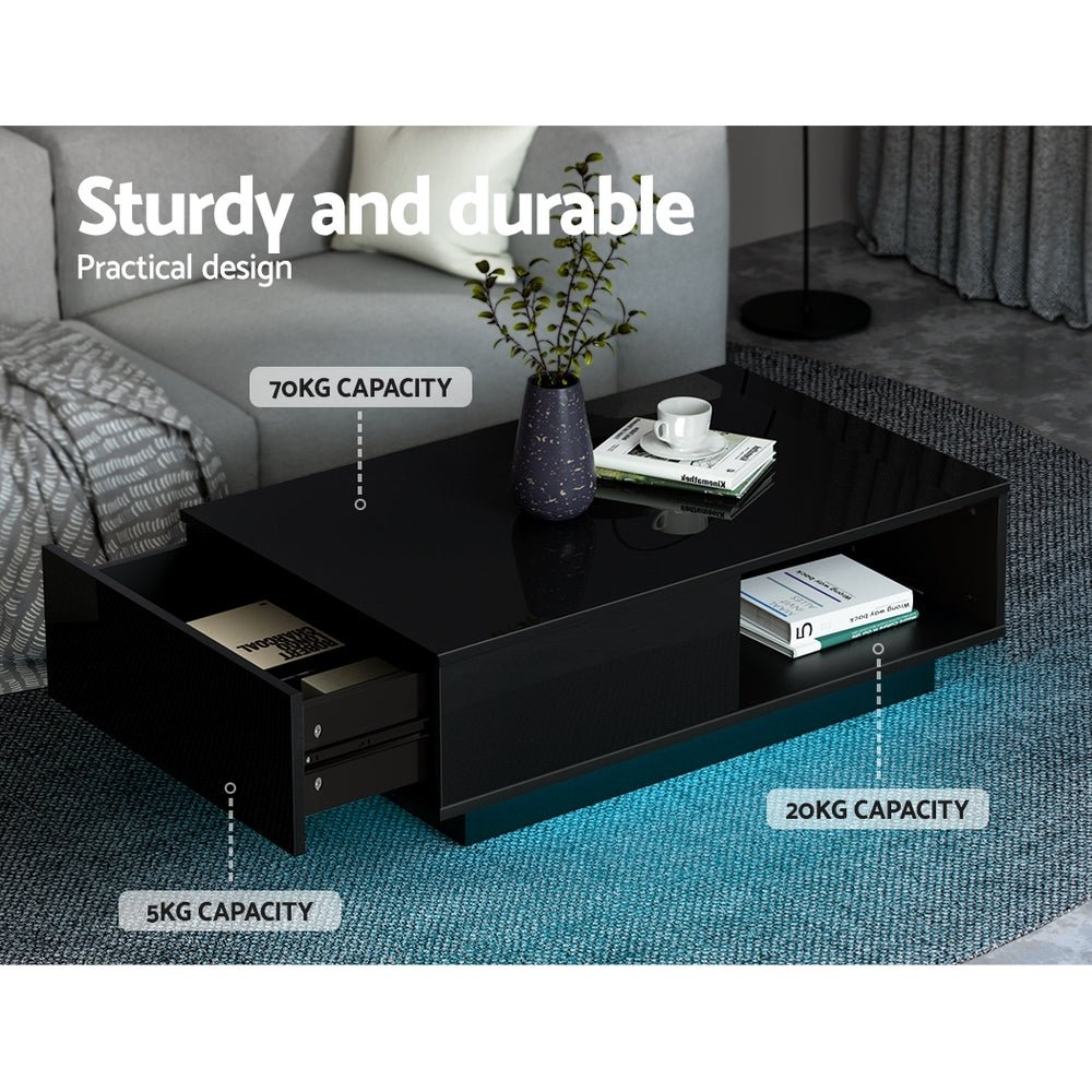 Coffee Table LED Lights High Gloss Storage Drawer Modern Furniture Black - Rivercity House & Home Co. (ABN 18 642 972 209) - Affordable Modern Furniture Australia