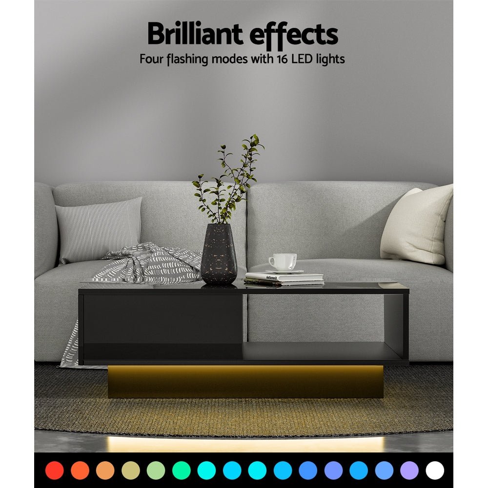 Coffee Table LED Lights High Gloss Storage Drawer Modern Furniture Black - Rivercity House & Home Co. (ABN 18 642 972 209) - Affordable Modern Furniture Australia