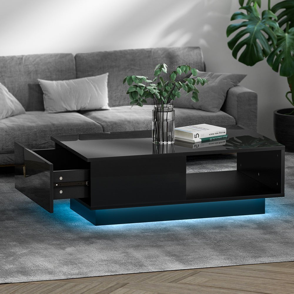 Coffee Table LED Lights High Gloss Storage Drawer Modern Furniture Black - Rivercity House & Home Co. (ABN 18 642 972 209) - Affordable Modern Furniture Australia