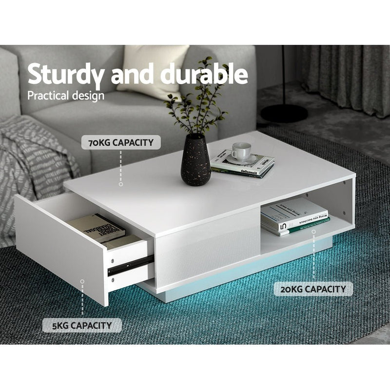 Coffee Table LED Lights High Gloss Storage Drawer Modern Furniture White - Rivercity House & Home Co. (ABN 18 642 972 209) - Affordable Modern Furniture Australia