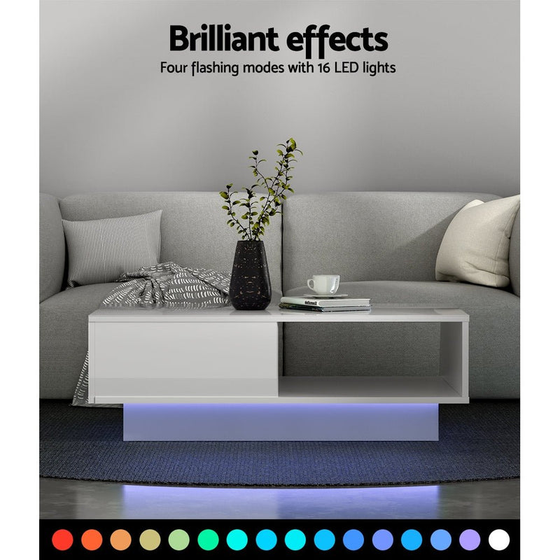 Coffee Table LED Lights High Gloss Storage Drawer Modern Furniture White - Rivercity House & Home Co. (ABN 18 642 972 209) - Affordable Modern Furniture Australia