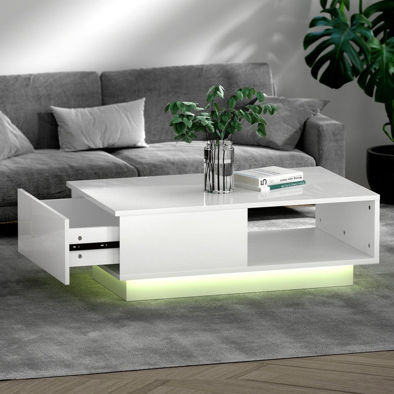 Coffee Table LED Lights High Gloss Storage Drawer Modern Furniture White - Rivercity House & Home Co. (ABN 18 642 972 209) - Affordable Modern Furniture Australia