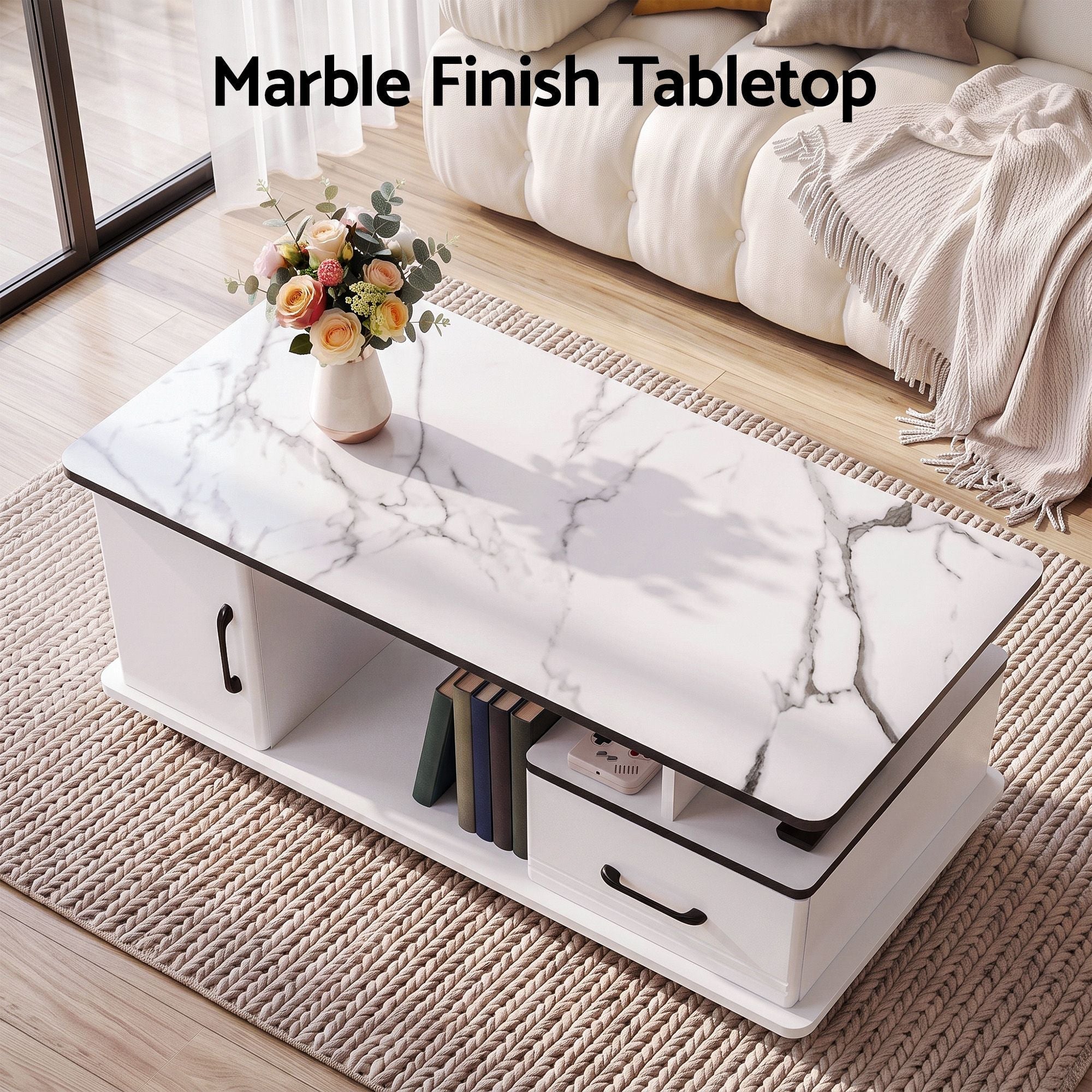 Coffee Table Marble Finish with Storage Drawer and Cabinet 100x48x41cm - White - Furniture > Living Room > Coffee Tables - Rivercity House & Home Co. (ABN 18 642 972 209) - Affordable Modern Furniture Australia