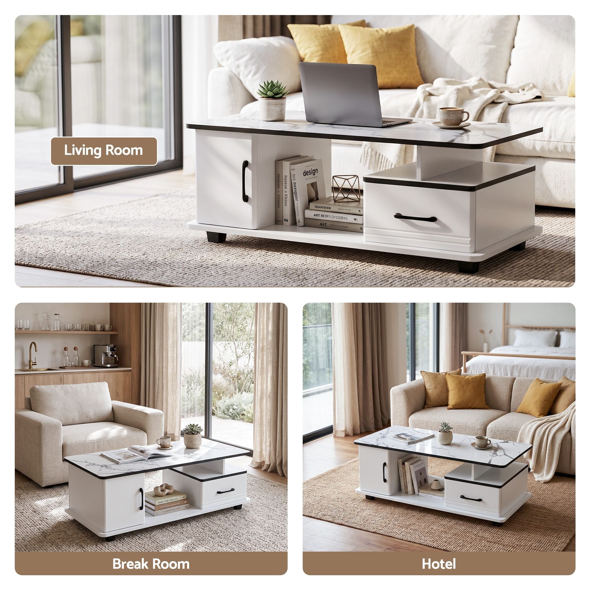 Coffee Table Marble Finish with Storage Drawer and Cabinet 100x48x41cm - White - Furniture > Living Room > Coffee Tables - Rivercity House & Home Co. (ABN 18 642 972 209) - Affordable Modern Furniture Australia