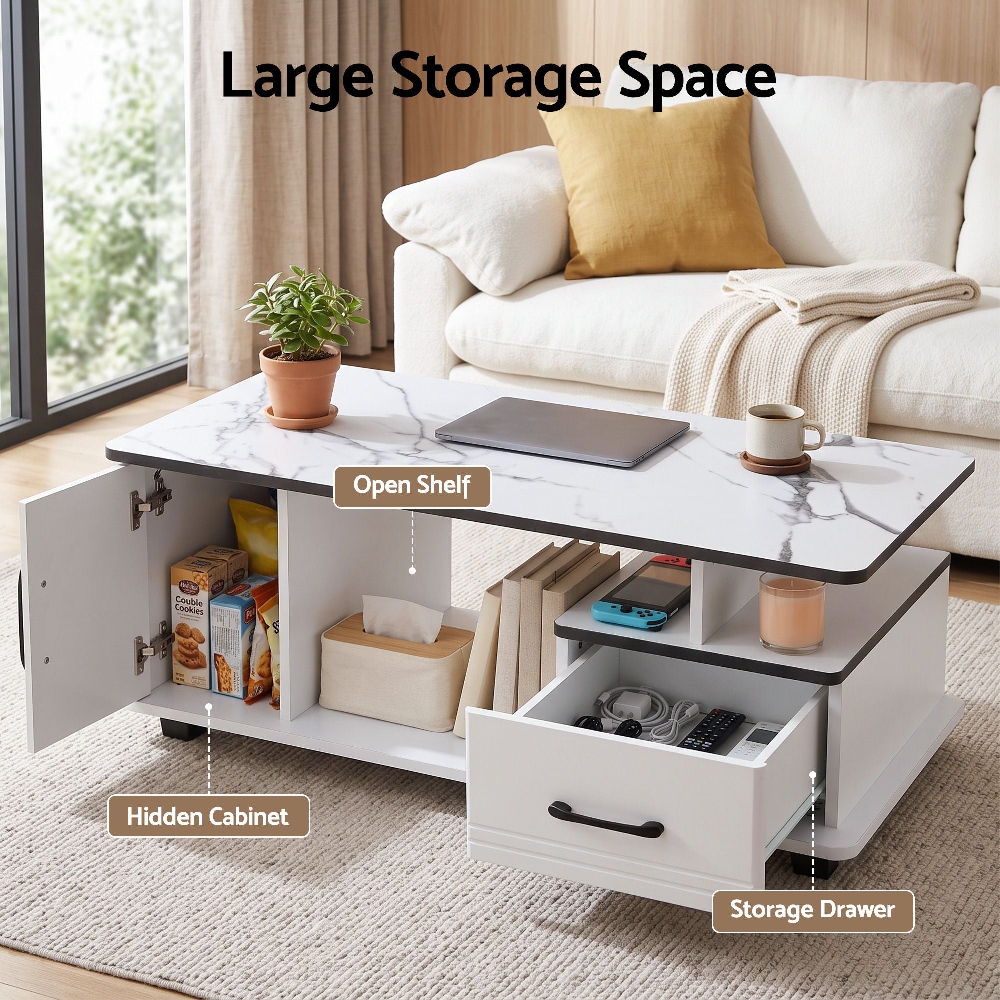 Coffee Table Marble Finish with Storage Drawer and Cabinet 100x48x41cm - White - Furniture > Living Room > Coffee Tables - Rivercity House & Home Co. (ABN 18 642 972 209) - Affordable Modern Furniture Australia