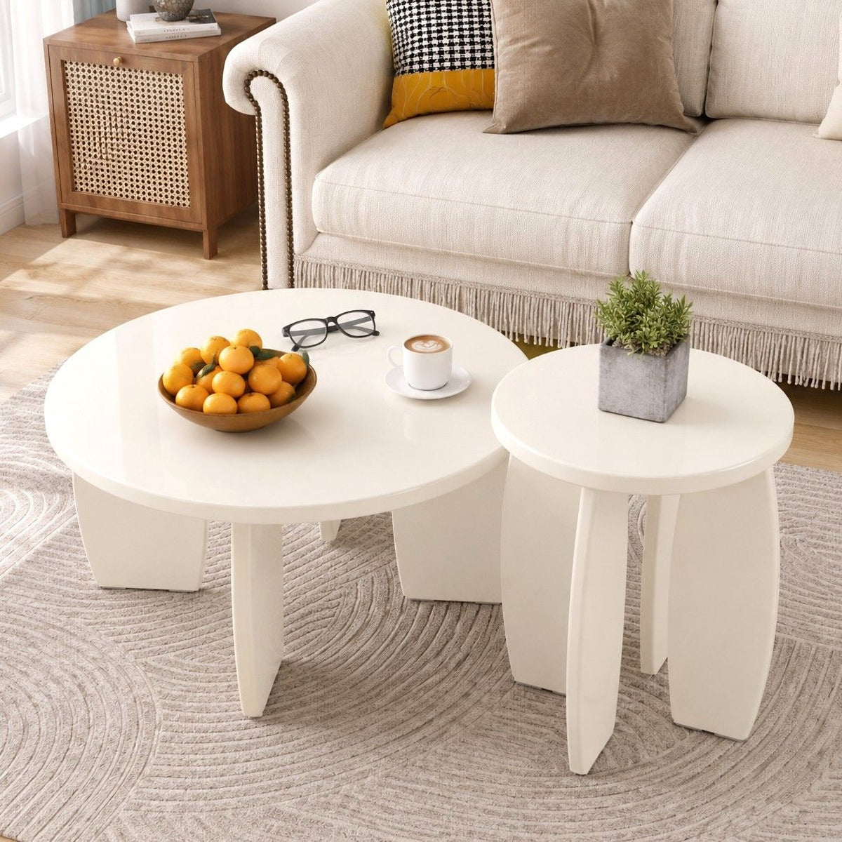 Coffee Table Set of 2 High Gloss Round Side Bedside Table Wood Living Room Cream - Furniture > Living Room > Coffee Tables - Rivercity House & Home Co. (ABN 18 642 972 209) - Affordable Modern Furniture Australia