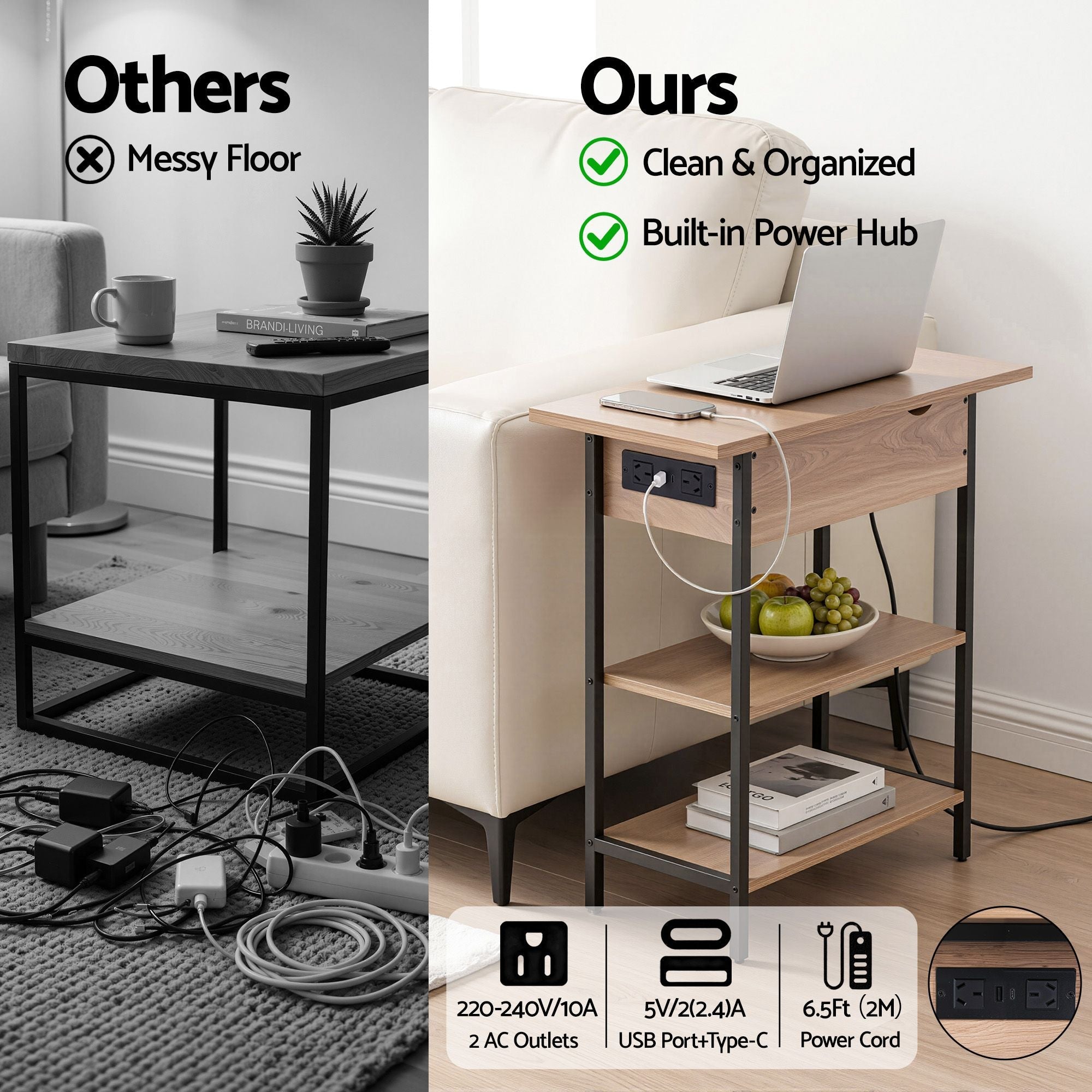 Coffee Table Side Bedside End Table Charging Station Flip-Top Storage 60cm Wood - Furniture > Living Room > Coffee Tables - Rivercity House & Home Co. (ABN 18 642 972 209) - Affordable Modern Furniture Australia