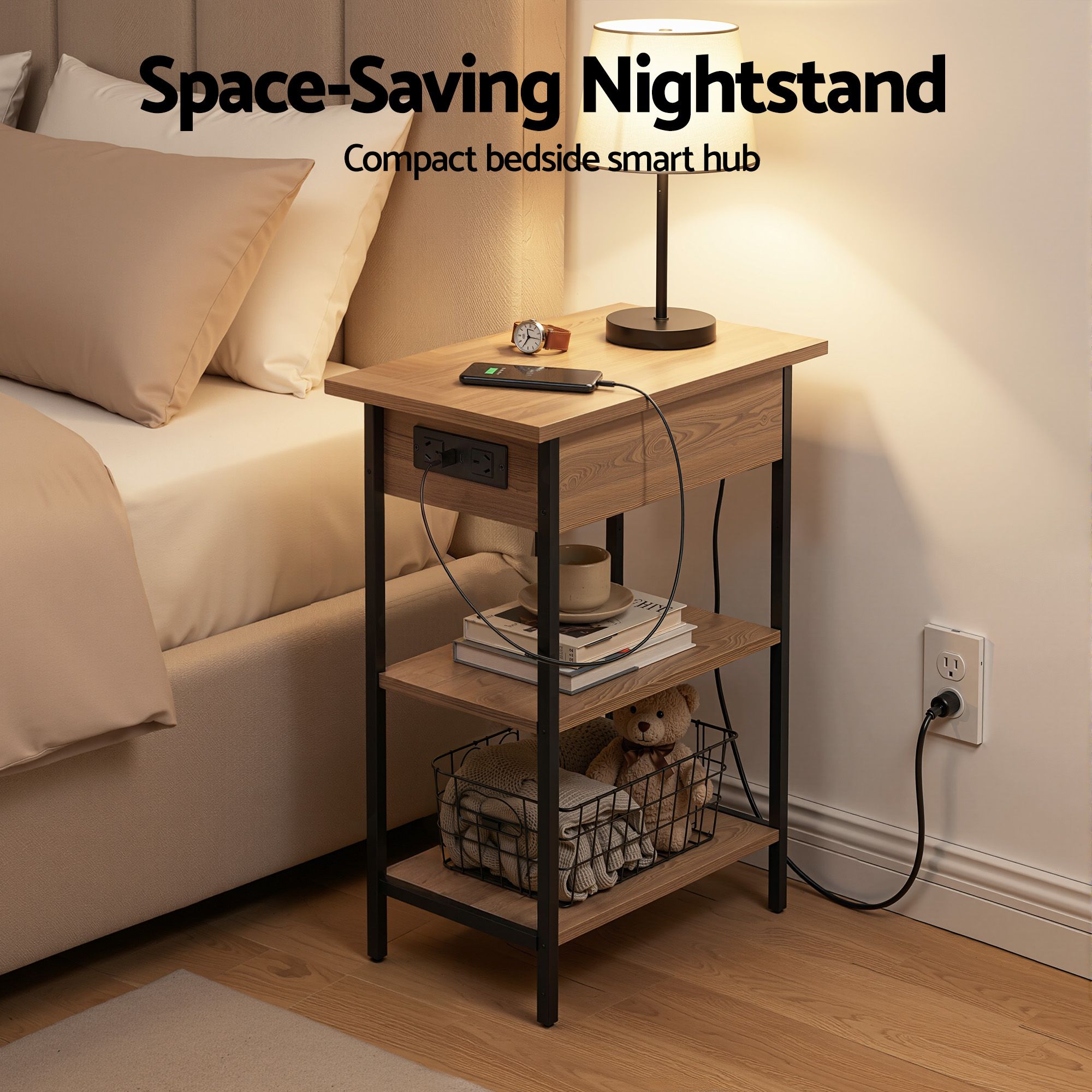 Coffee Table Side Bedside End Table Charging Station Flip-Top Storage 60cm Wood - Furniture > Living Room > Coffee Tables - Rivercity House & Home Co. (ABN 18 642 972 209) - Affordable Modern Furniture Australia