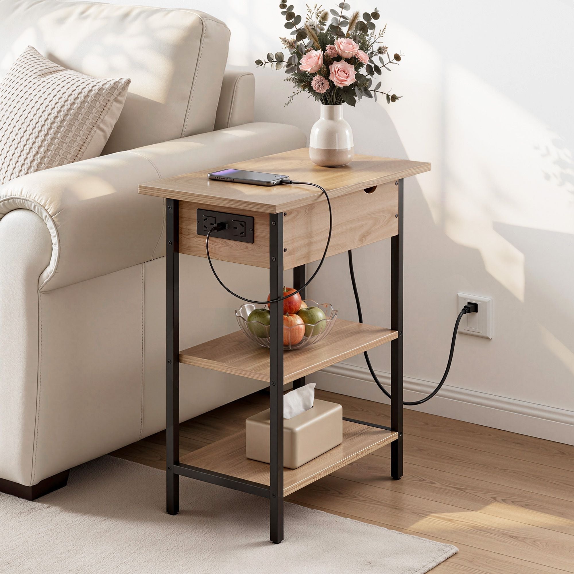 Coffee Table Side Bedside End Table Charging Station Flip-Top Storage 60cm Wood - Furniture > Living Room > Coffee Tables - Rivercity House & Home Co. (ABN 18 642 972 209) - Affordable Modern Furniture Australia