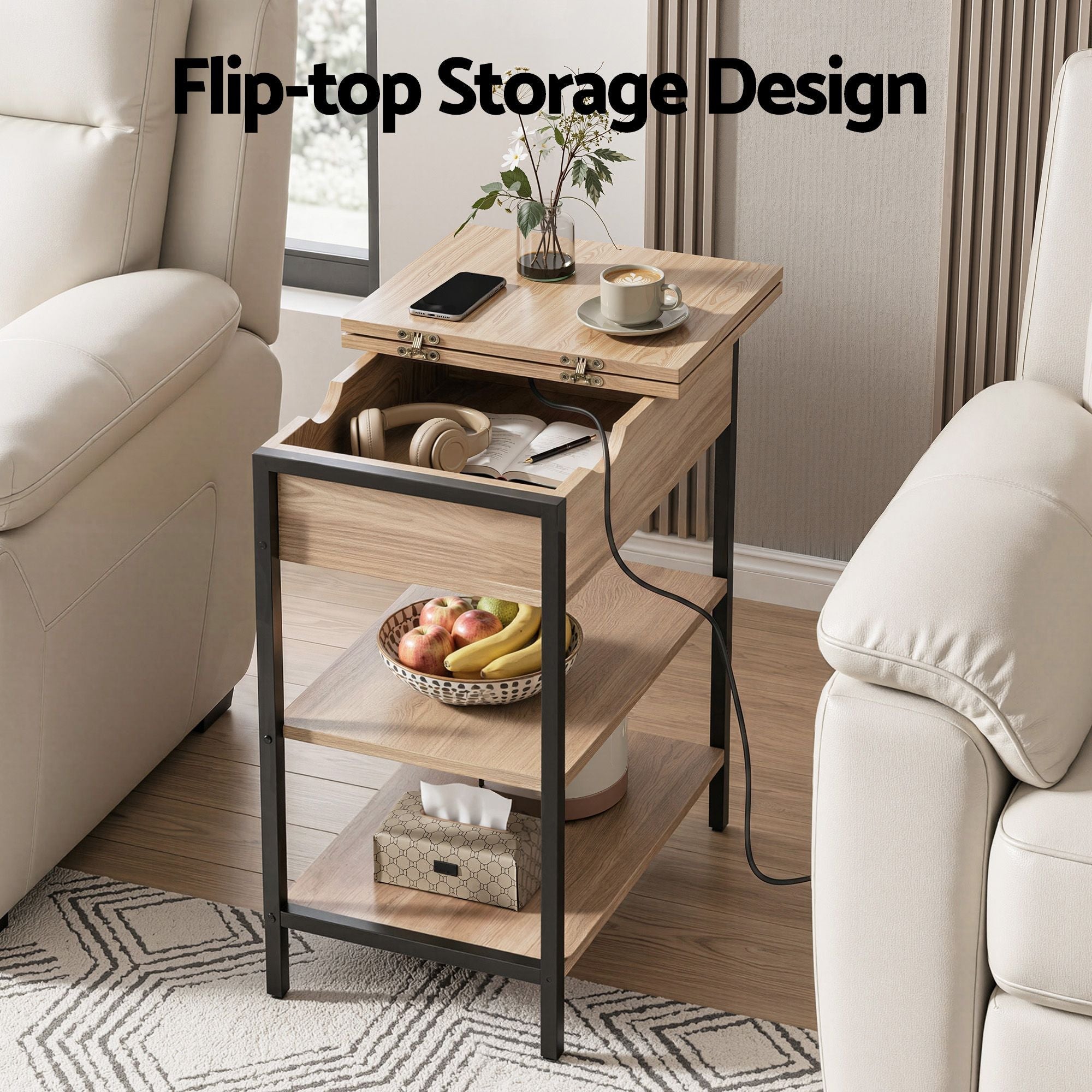 Coffee Table Side Bedside End Table Charging Station Flip-Top Storage 60cm Wood - Furniture > Living Room > Coffee Tables - Rivercity House & Home Co. (ABN 18 642 972 209) - Affordable Modern Furniture Australia