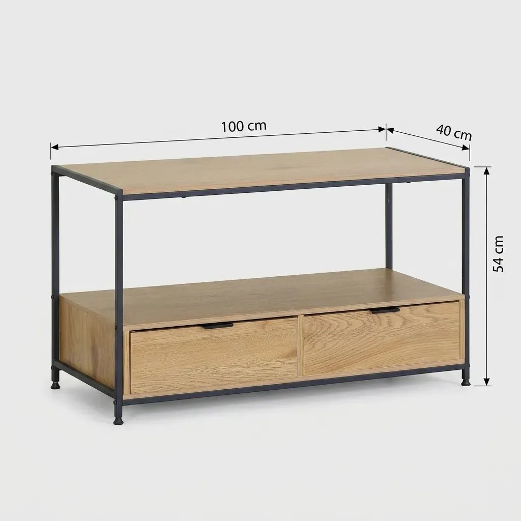 Coffee Table with 2 Drawers and Open Shelf Rustic Steel and MDF - Brown - Furniture > Dining > Buffets & Sideboards - Rivercity House & Home Co. (ABN 18 642 972 209) - Affordable Modern Furniture Australia