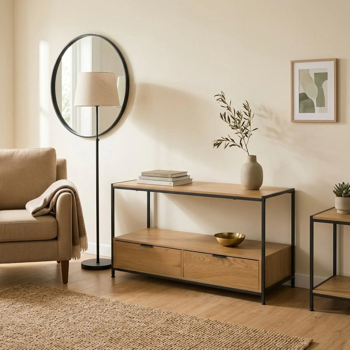 Coffee Table with 2 Drawers and Open Shelf Rustic Steel and MDF - Brown - Furniture > Dining > Buffets & Sideboards - Rivercity House & Home Co. (ABN 18 642 972 209) - Affordable Modern Furniture Australia