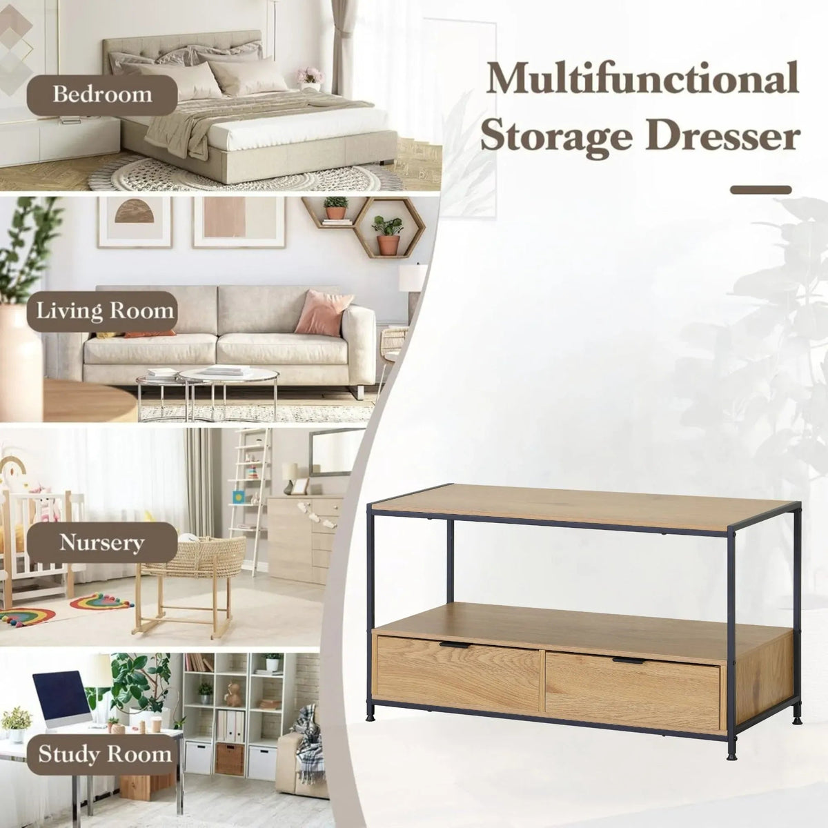 Coffee Table with 2 Drawers and Open Shelf Rustic Steel and MDF - Brown - Furniture > Dining > Buffets & Sideboards - Rivercity House & Home Co. (ABN 18 642 972 209) - Affordable Modern Furniture Australia