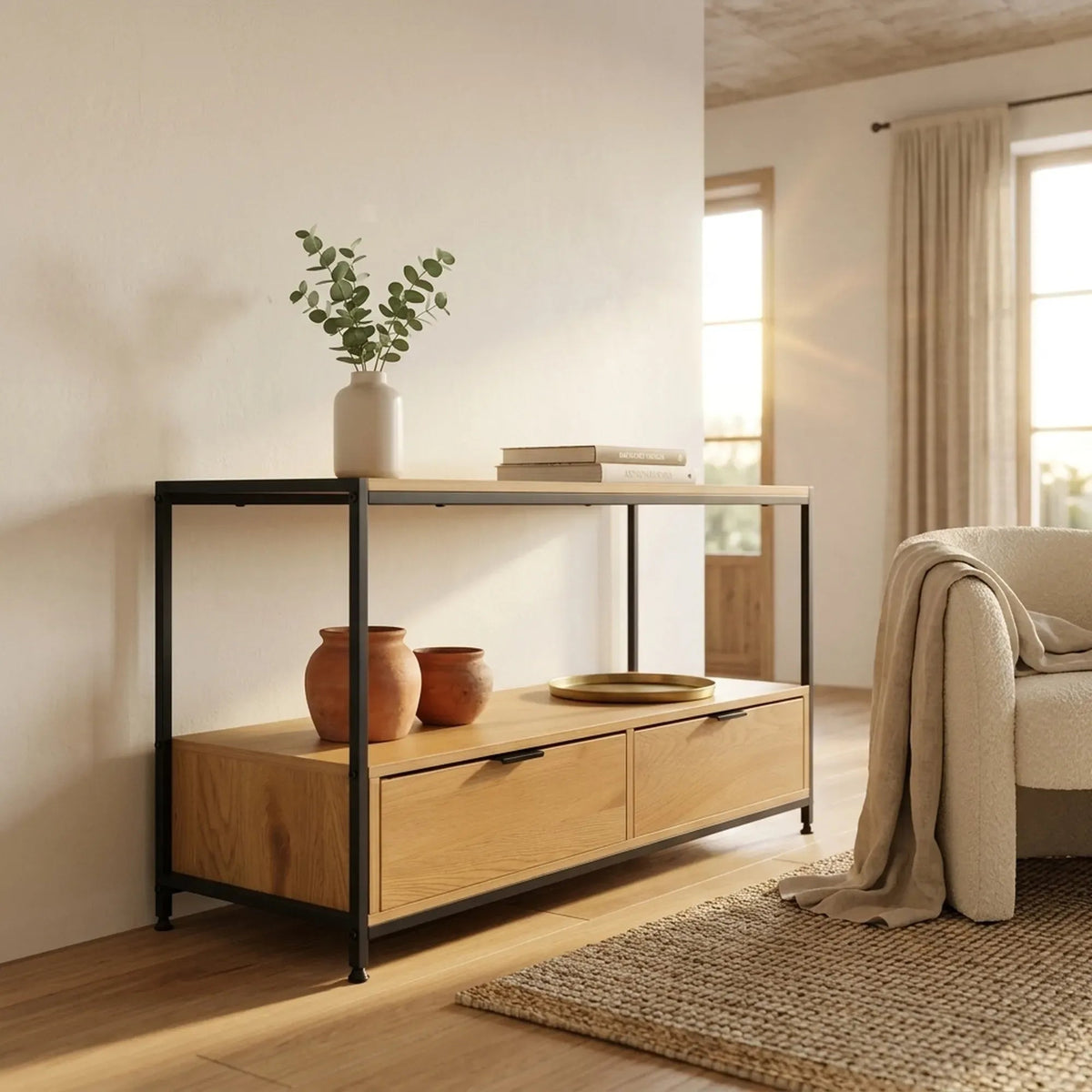 Coffee Table with 2 Drawers and Open Shelf Rustic Steel and MDF - Brown - Furniture > Dining > Buffets & Sideboards - Rivercity House & Home Co. (ABN 18 642 972 209) - Affordable Modern Furniture Australia