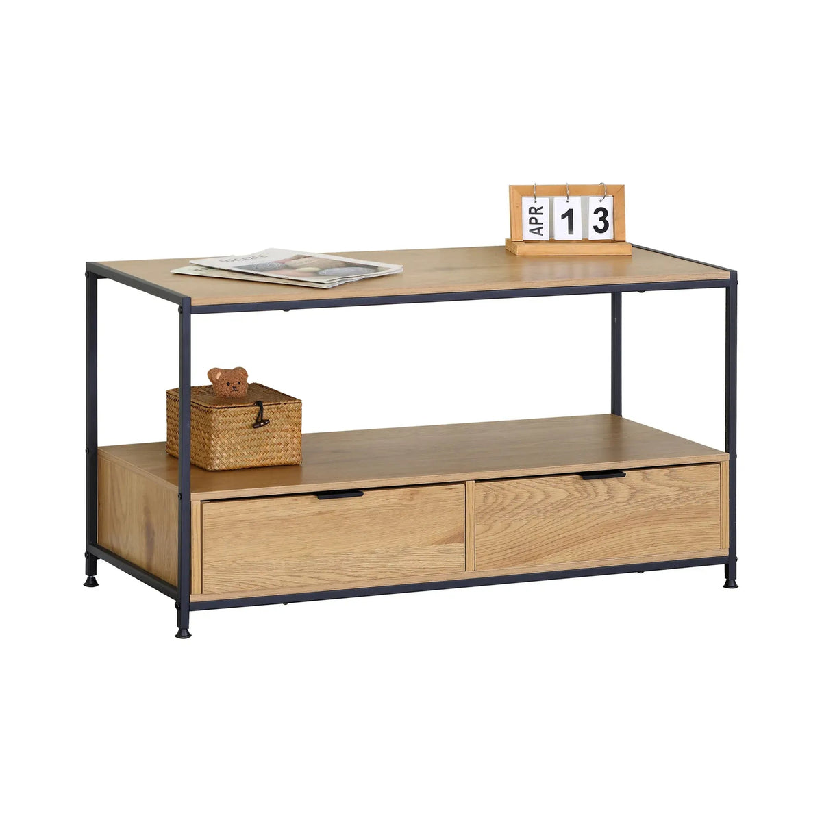 Coffee Table with 2 Drawers and Open Shelf Rustic Steel and MDF - Brown - Furniture > Dining > Buffets & Sideboards - Rivercity House & Home Co. (ABN 18 642 972 209) - Affordable Modern Furniture Australia