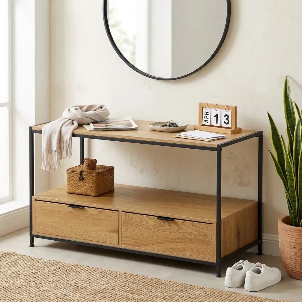 Coffee Table with 2 Drawers and Open Shelf Rustic Steel and MDF - Brown - Furniture > Dining > Buffets & Sideboards - Rivercity House & Home Co. (ABN 18 642 972 209) - Affordable Modern Furniture Australia