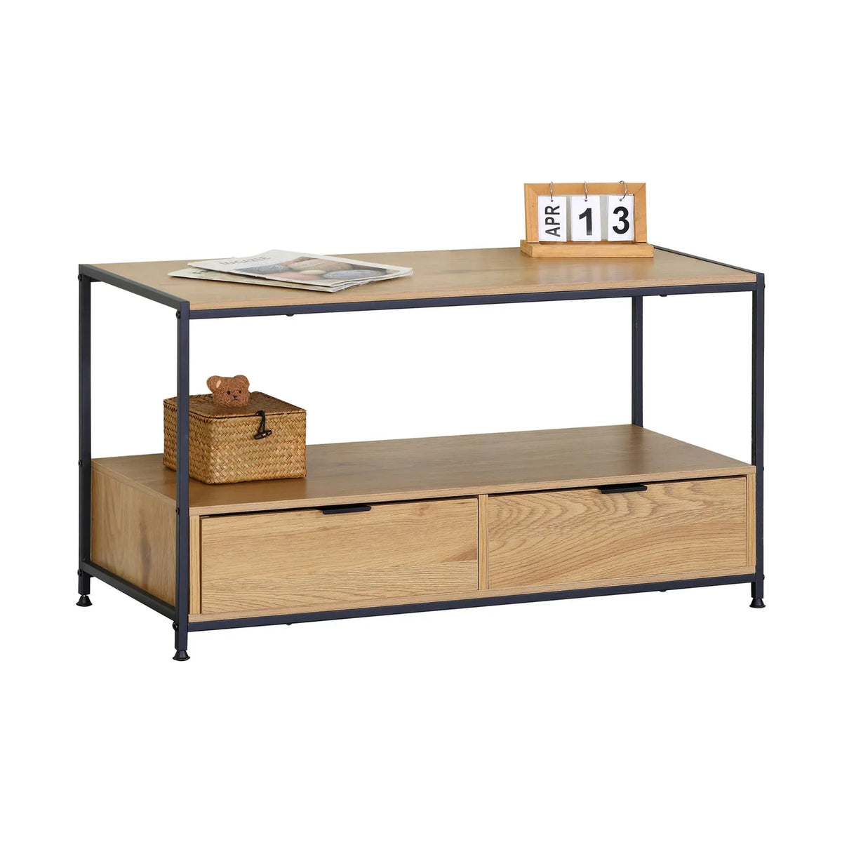 Coffee Table with 2 Drawers and Open Shelf Rustic Steel and MDF - Brown - Furniture > Dining > Buffets & Sideboards - Rivercity House & Home Co. (ABN 18 642 972 209) - Affordable Modern Furniture Australia